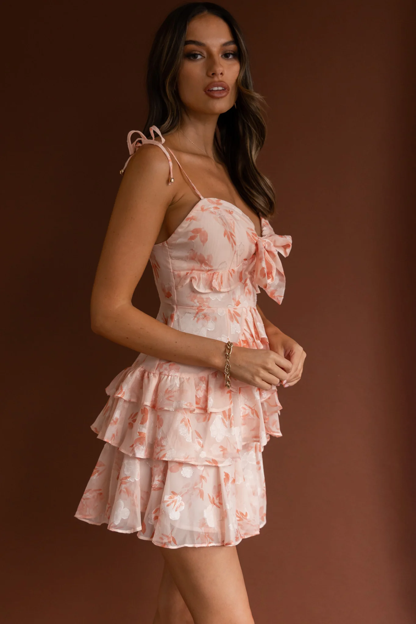 Flower Child Bust Tie Ruffle Trim Dress Floral Peach - Image 9