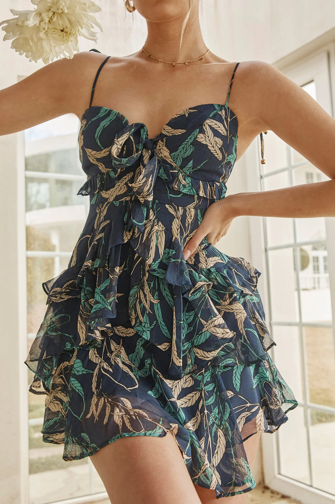 Flower Child Bust Tie Ruffle Trim Dress Leaf Print Navy - Image 4