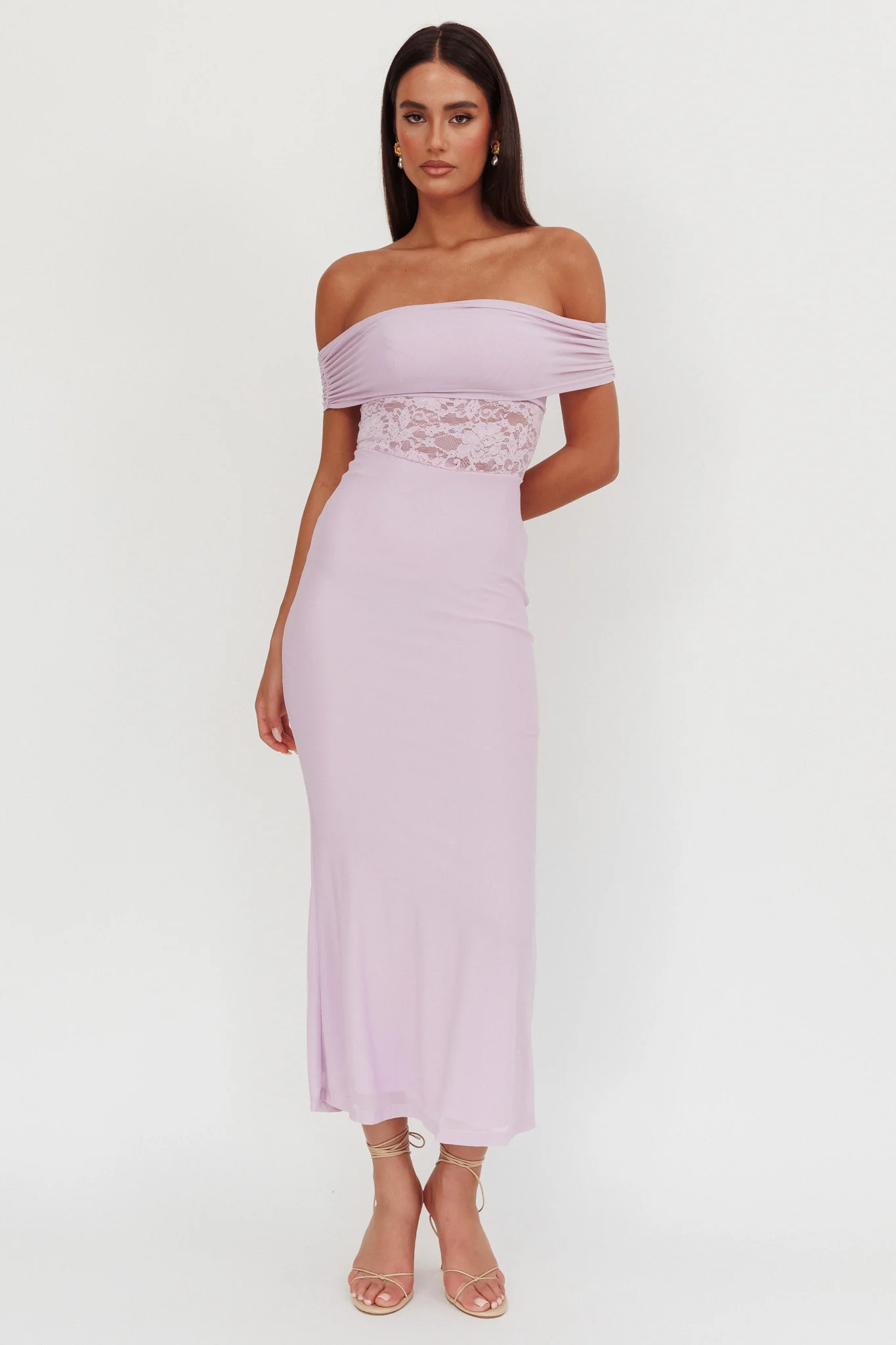 Flutters Off-Shoulder Lace Insert Maxi Dress Lilac - Image 4