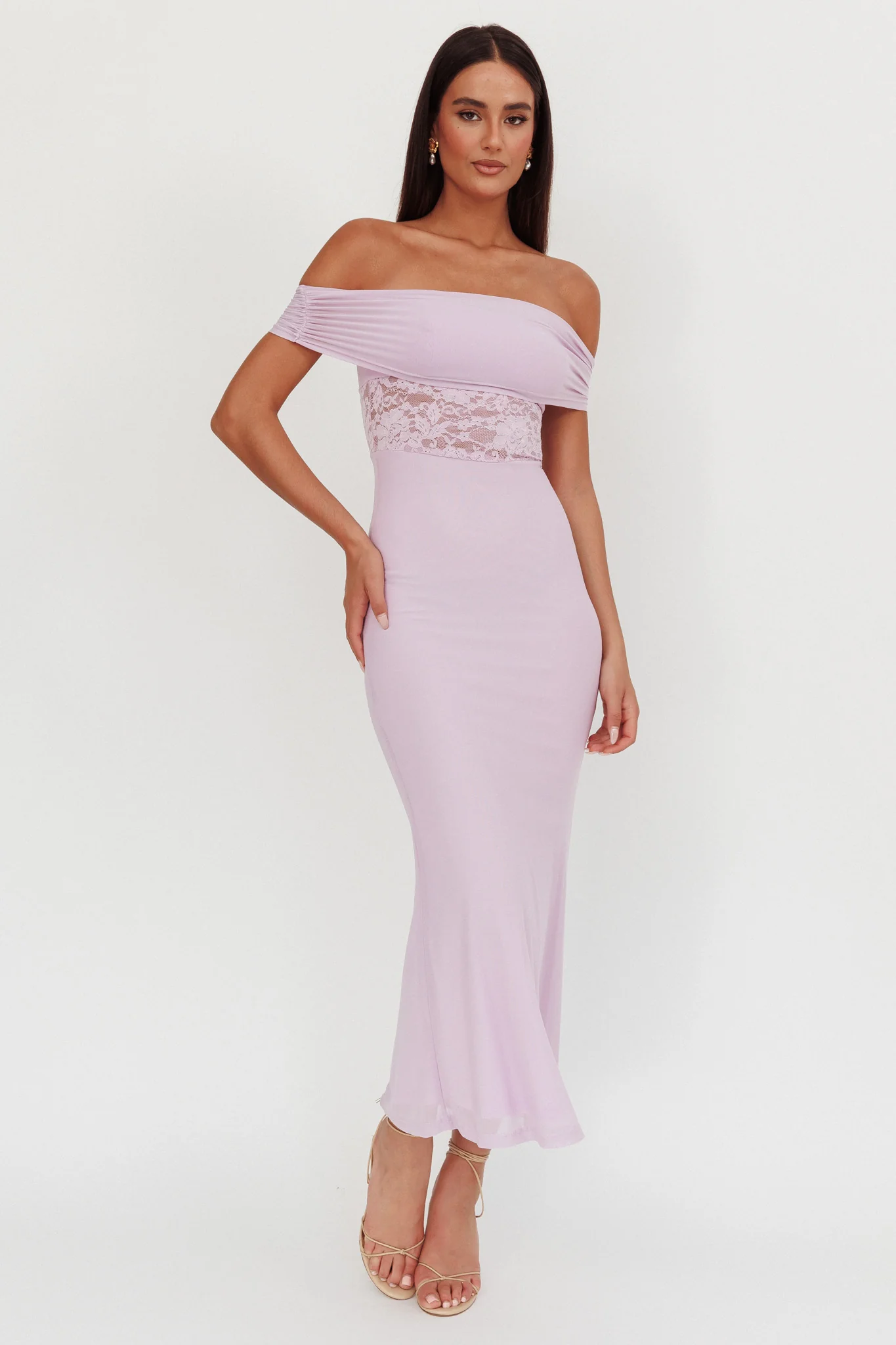 Flutters Off-Shoulder Lace Insert Maxi Dress Lilac - Image 5