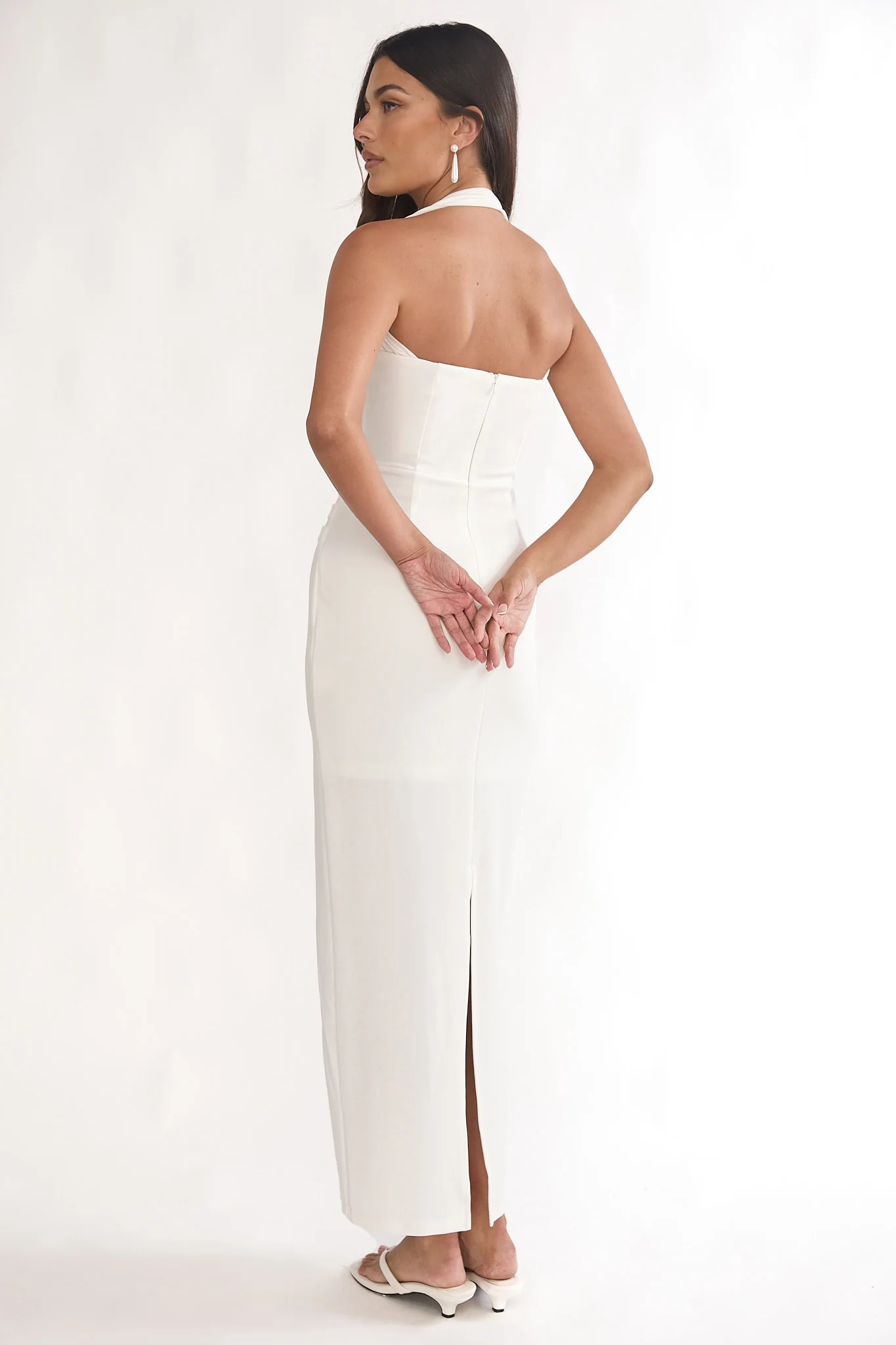 Fly Me To Paris Pleat Bodice Halterneck Maxi Dress White - Image 2