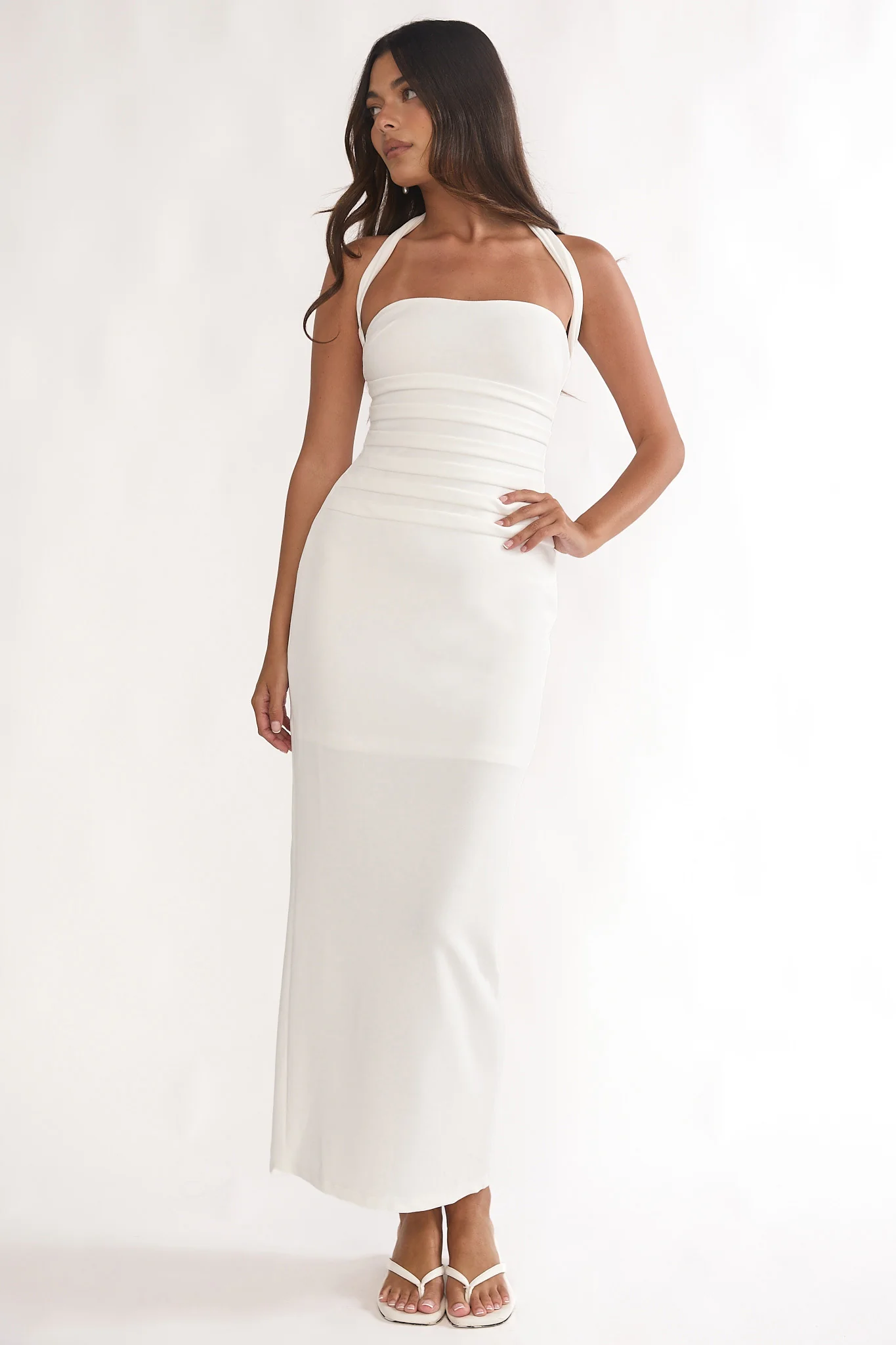 Fly Me To Paris Pleat Bodice Halterneck Maxi Dress White - Image 5