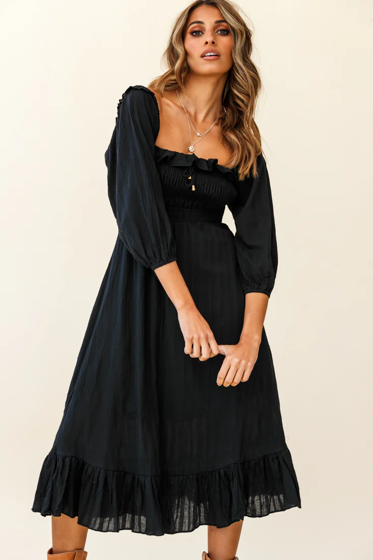 Flynn Off-Shoulder Shirred Bust Midi Dress Black - Image 3