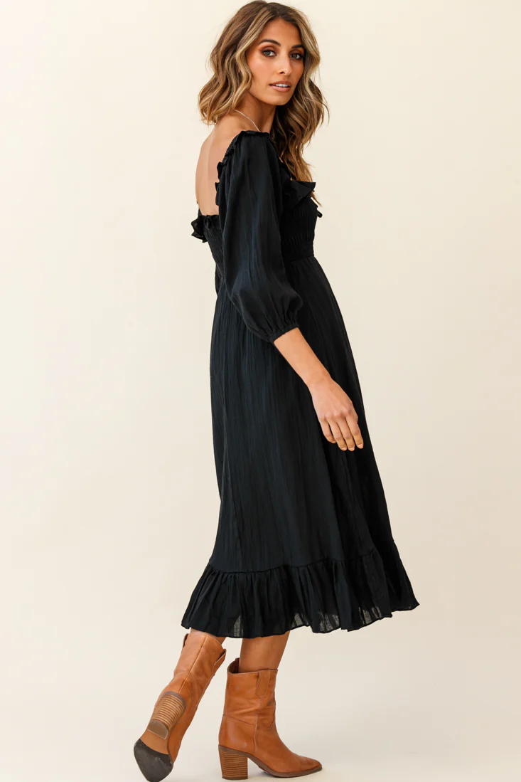 Flynn Off-Shoulder Shirred Bust Midi Dress Black - Image 4
