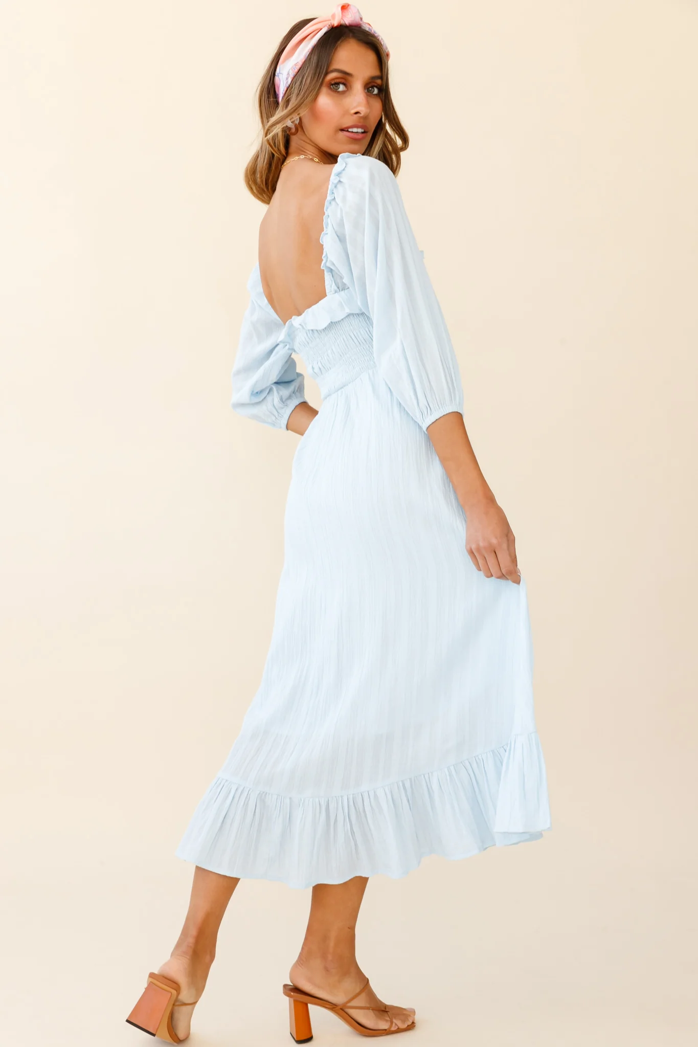 Flynn Off-Shoulder Shirred Bust Midi Dress Ice Blue - Image 2