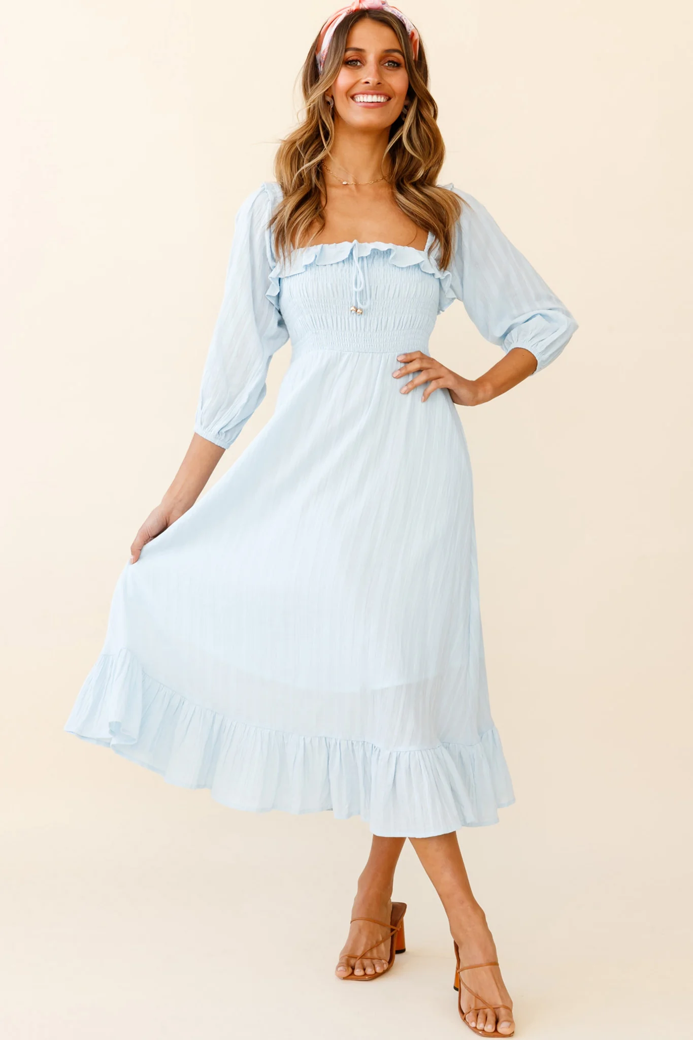 Flynn Off-Shoulder Shirred Bust Midi Dress Ice Blue - Image 3