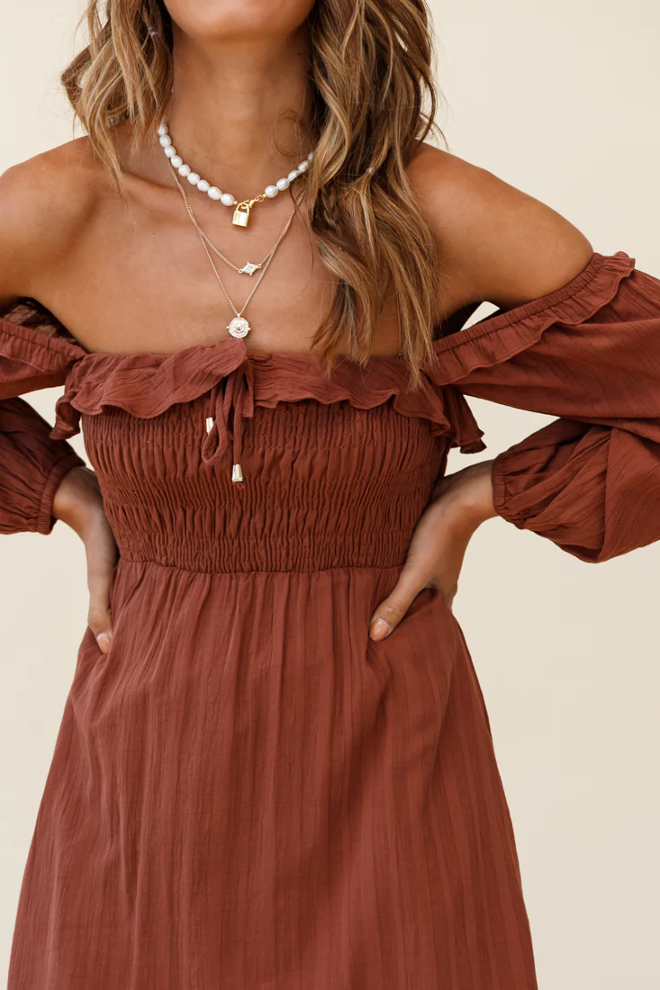 Flynn Off-Shoulder Shirred Bust Midi Dress Tan - Image 2
