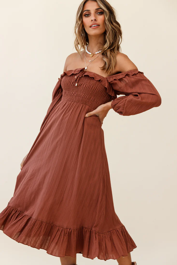 Flynn Off-Shoulder Shirred Bust Midi Dress Tan - Image 5