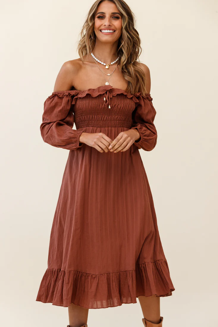 Flynn Off-Shoulder Shirred Bust Midi Dress Tan - Image 6