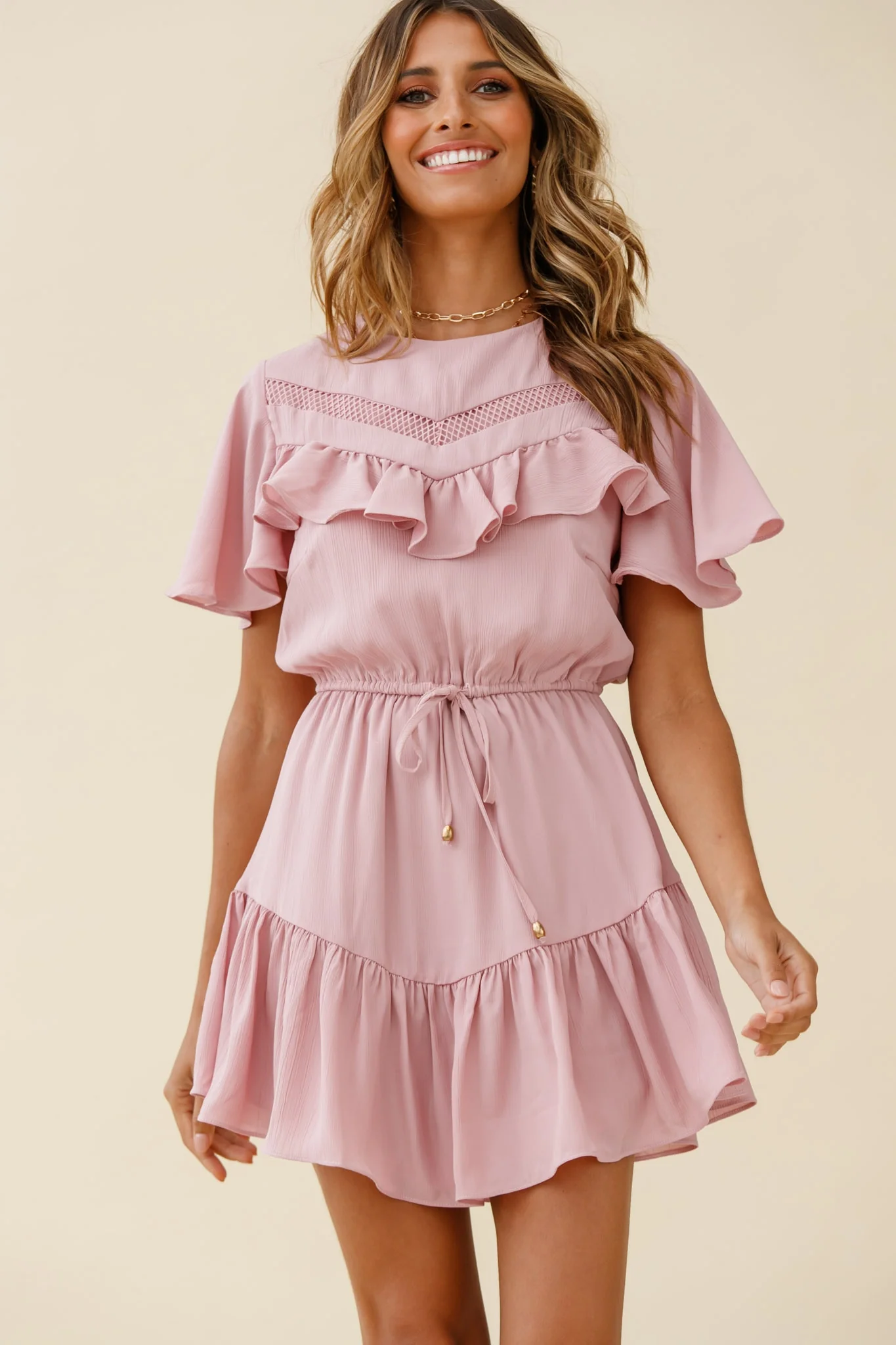 Forever Free Angel Sleeve Drawstring Waist Dress Blush - Image 5