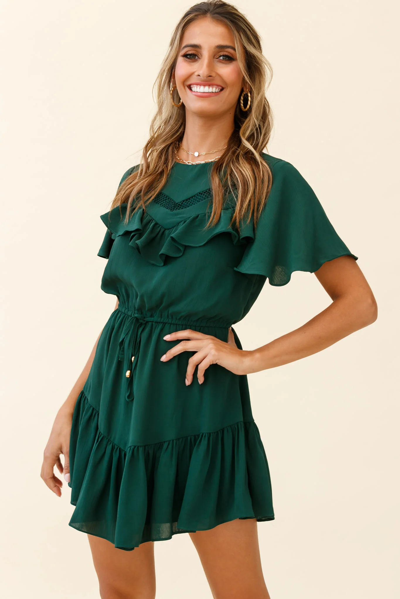 Forever Free Angel Sleeve Drawstring Waist Dress Forest Green - Image 6