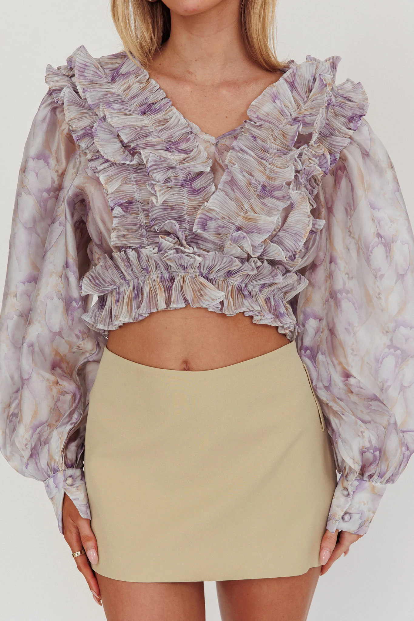 Forever Young Balloon Sleeves Cropped Blouse Purple Multi - Image 4