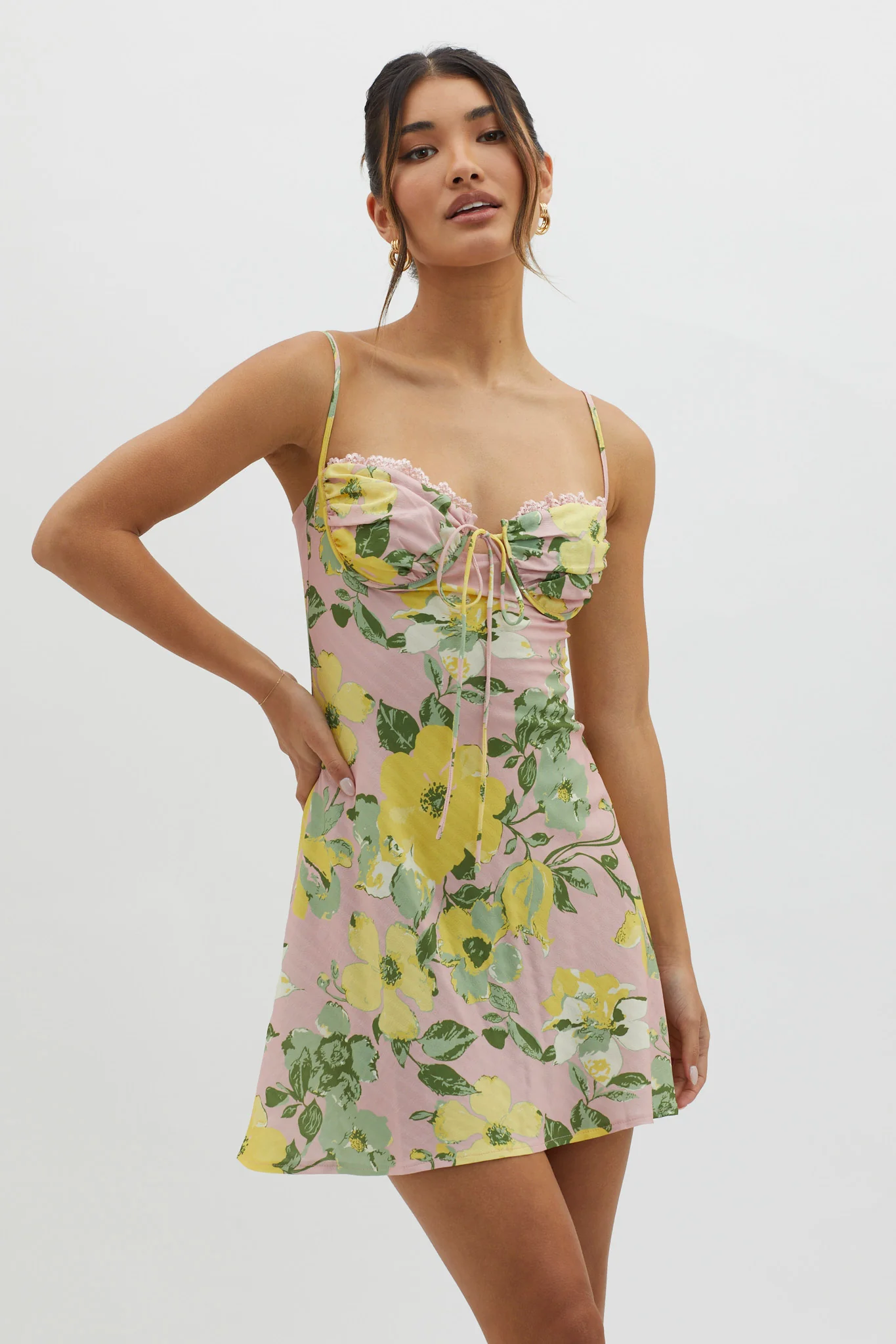 Fortune Lace Trim Bust Tie Mini Dress Floral Pink - Image 6