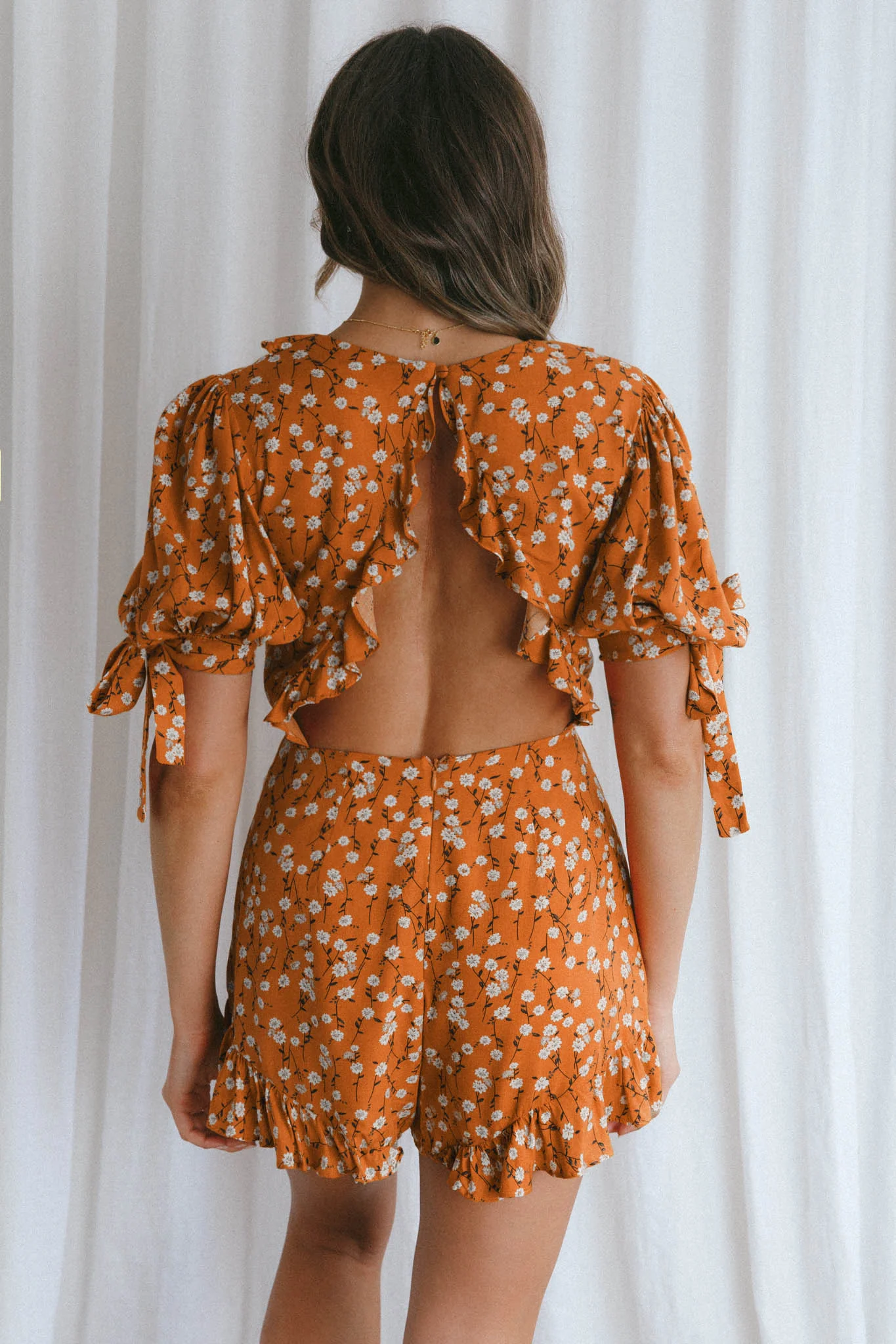 Francine Short Sleeve Tied Bust Romper Floral Orange - Image 8