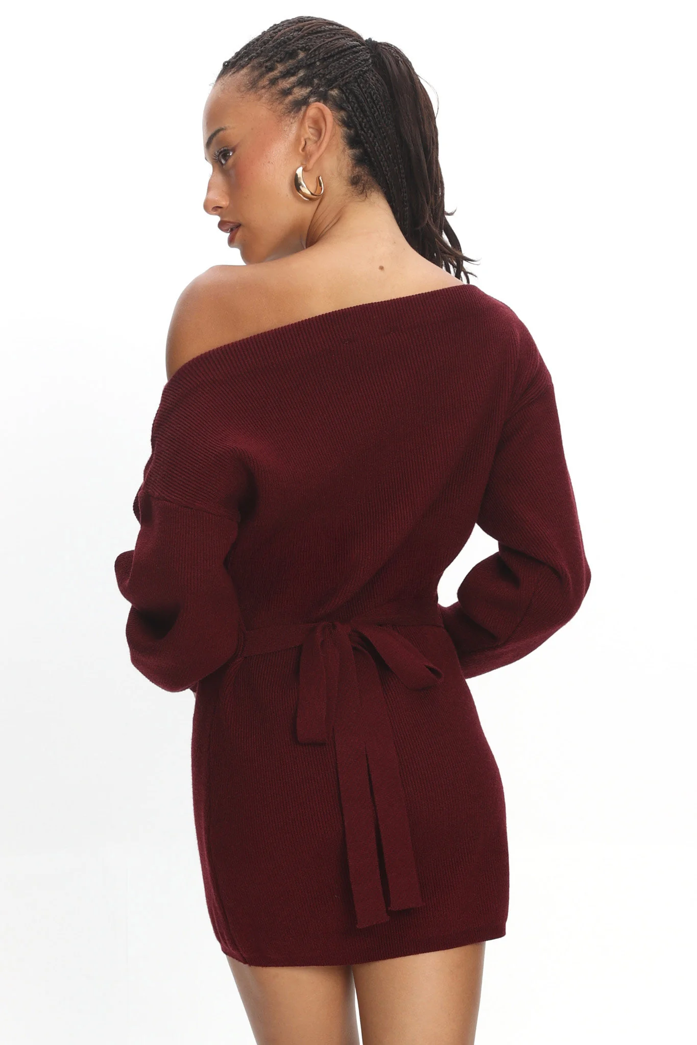 Fremont One-Shoulder Fuzzy Knit Mini Dress Wine - Image 3