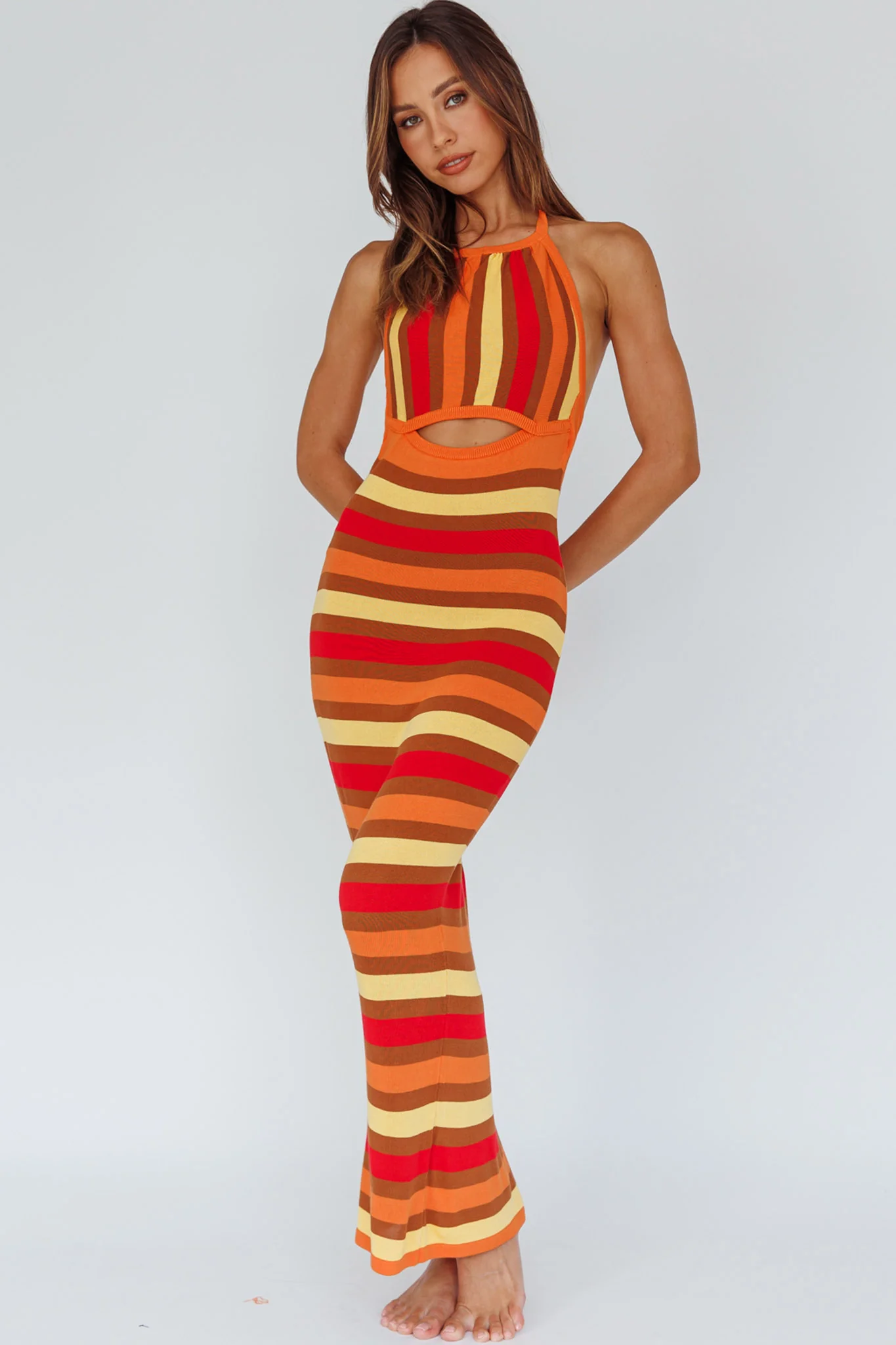 French Riviera Halterneck Knit Maxi Dress Brown/Orange - Image 2