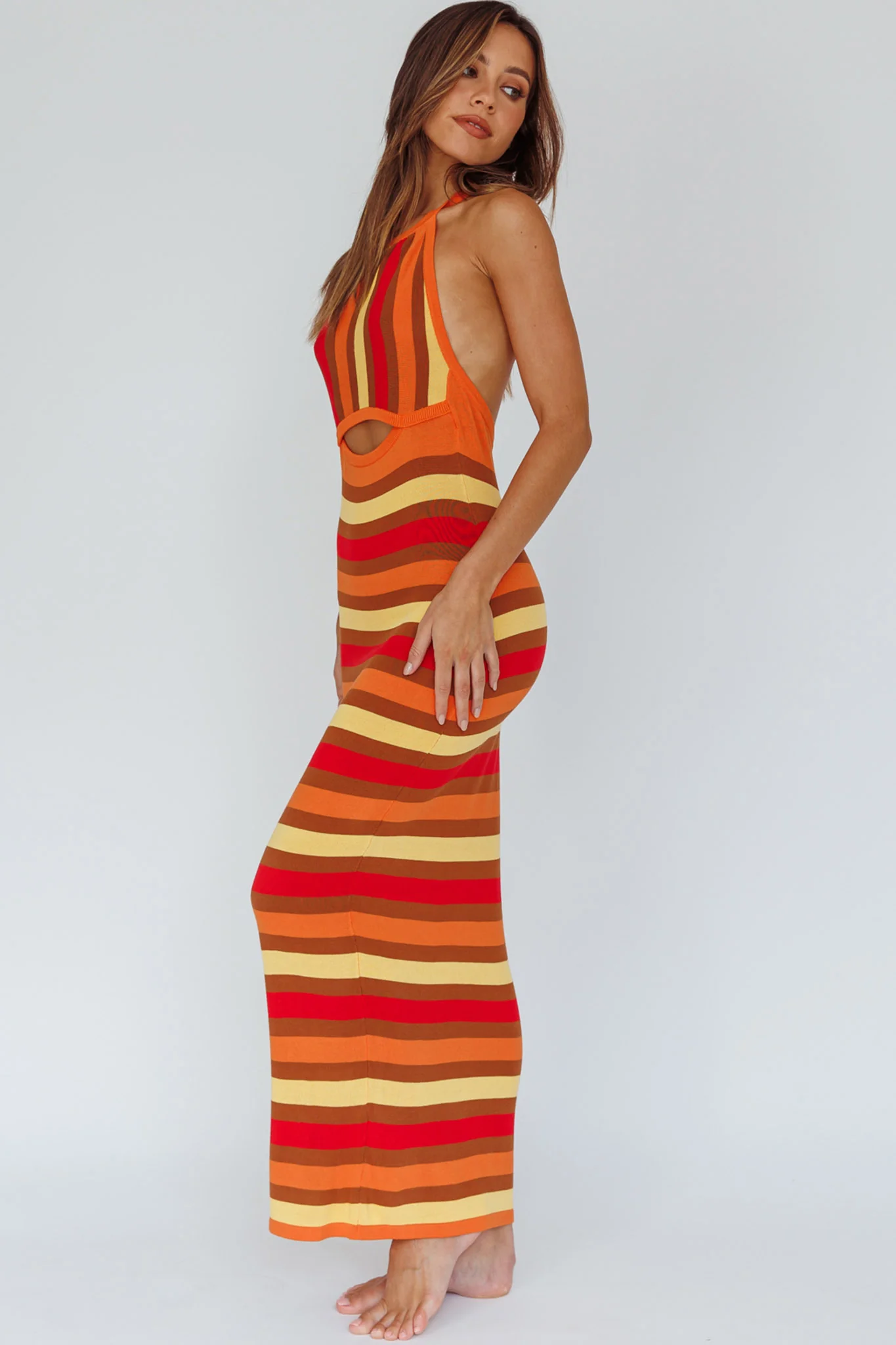 French Riviera Halterneck Knit Maxi Dress Brown/Orange - Image 5