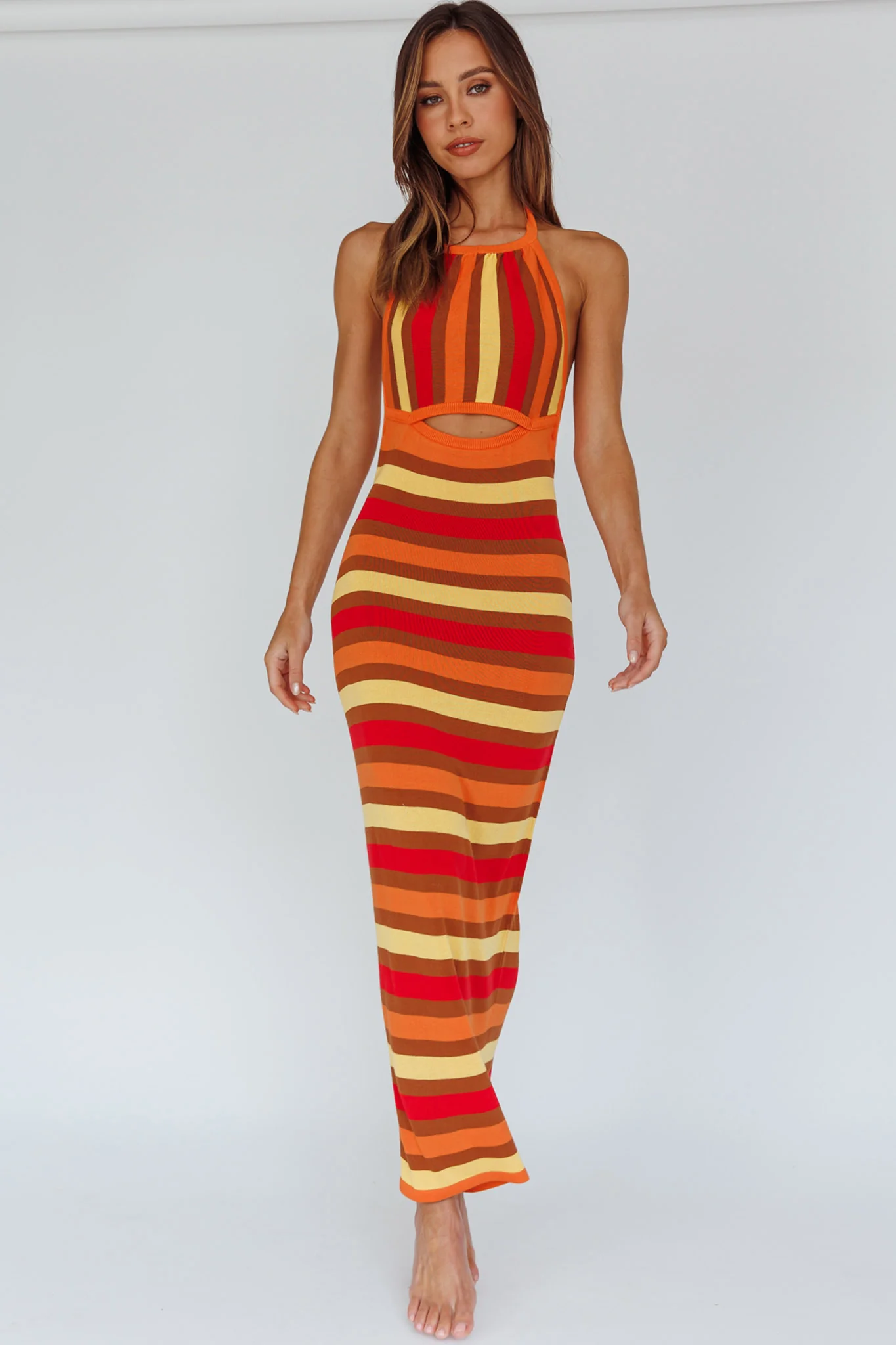 French Riviera Halterneck Knit Maxi Dress Brown/Orange - Image 6