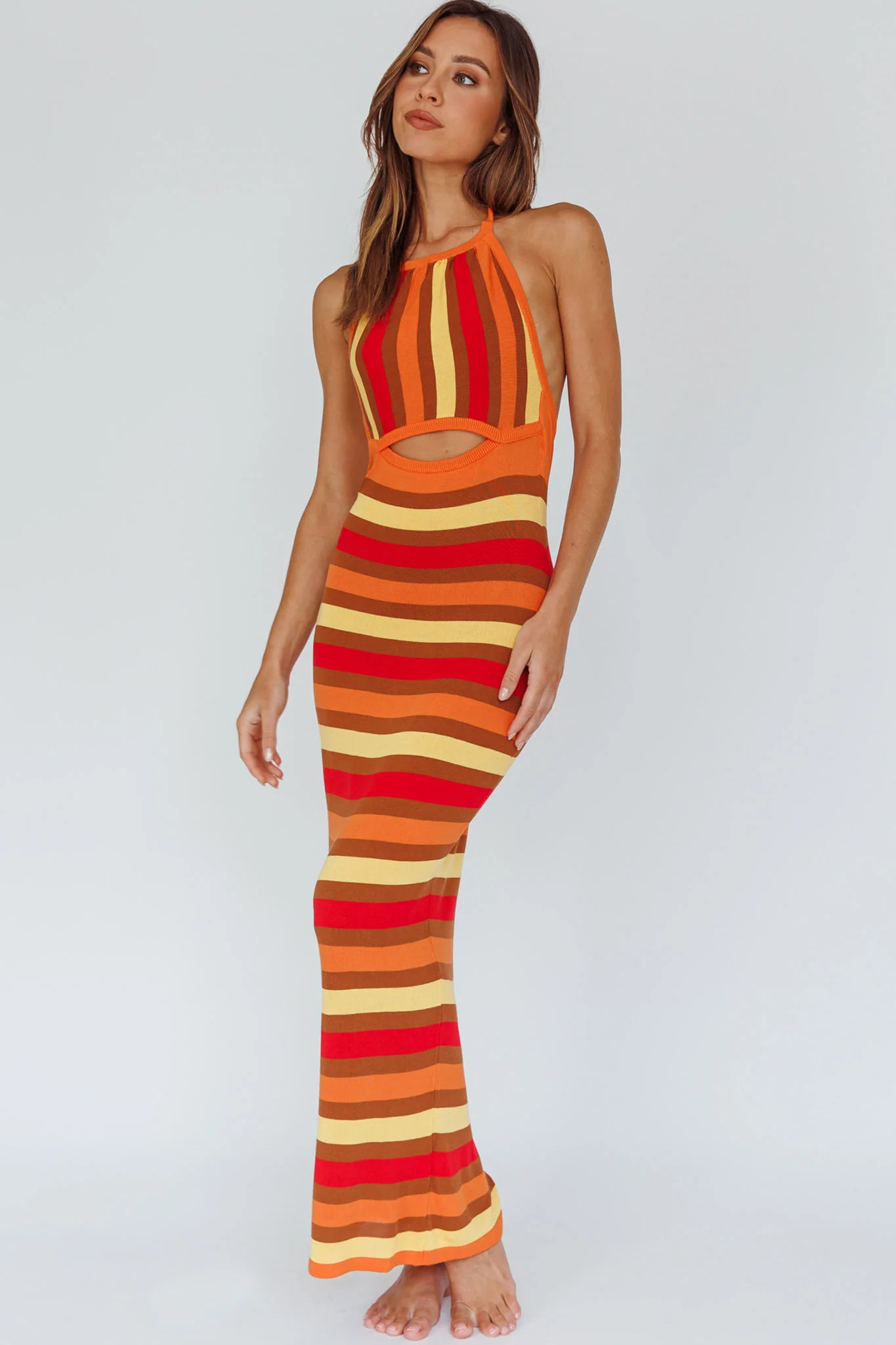 French Riviera Halterneck Knit Maxi Dress Brown/Orange - Image 7