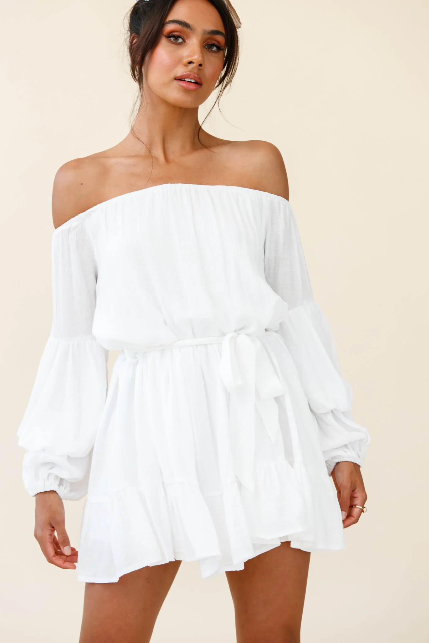 Frida Off-Shoulder Waist Tie Dress White - Image 6