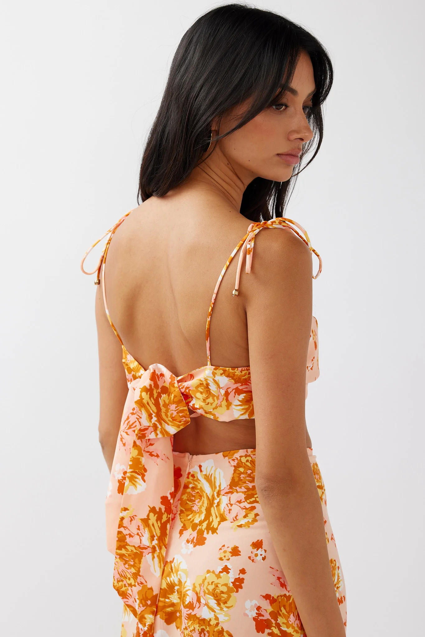 Gabbi Tied Shoulder Crop Top Floral Orange - Image 2