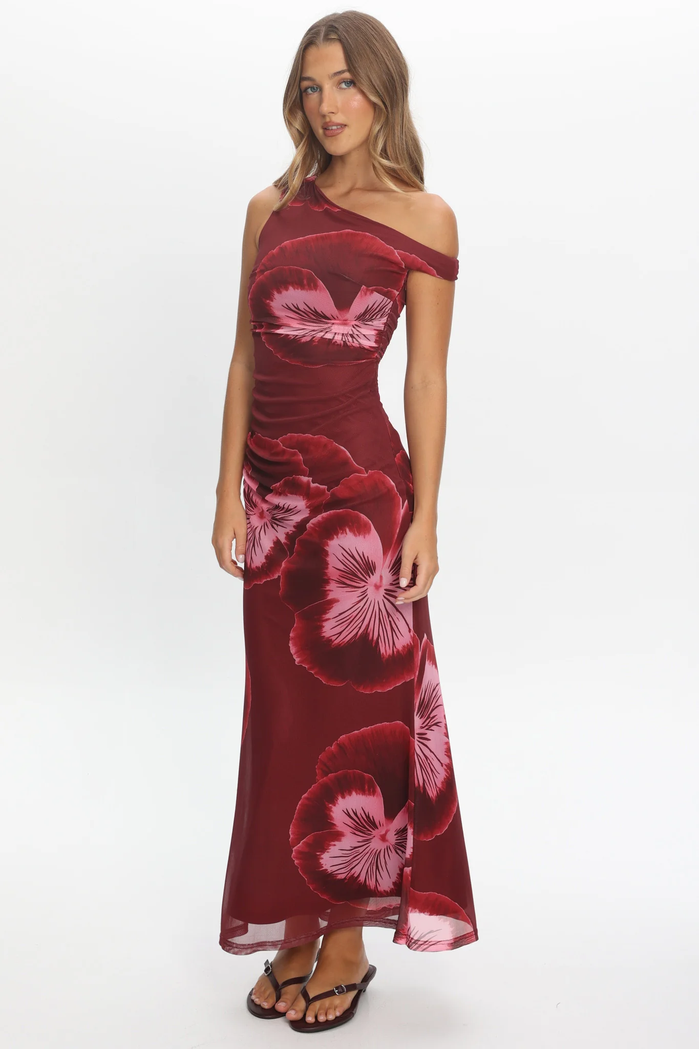 Gala Asymmetric Neckline Maxi Dress Floral Wine - Image 2