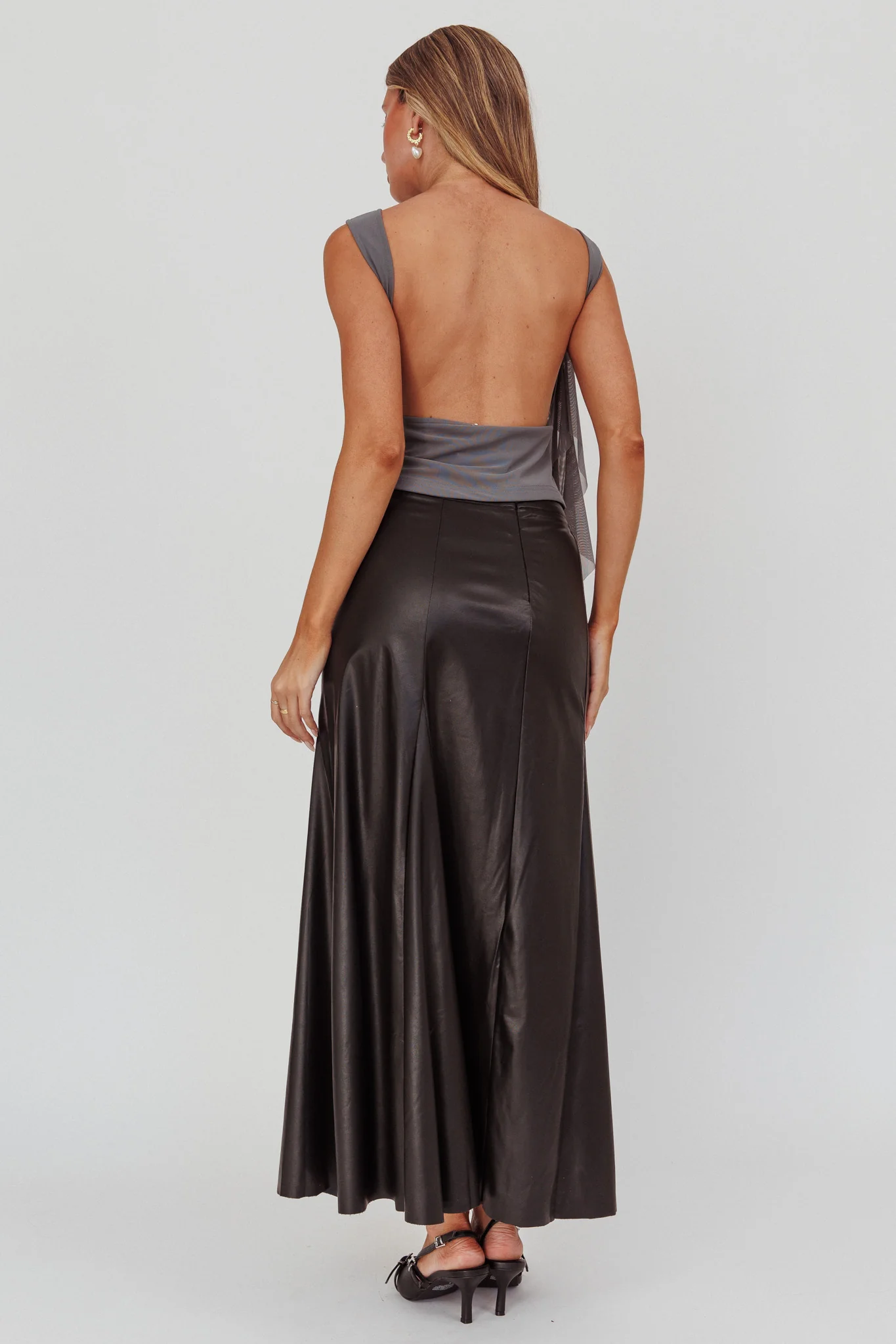 Galaxia A-Line Faux Leather Maxi Skirt Black - Image 4