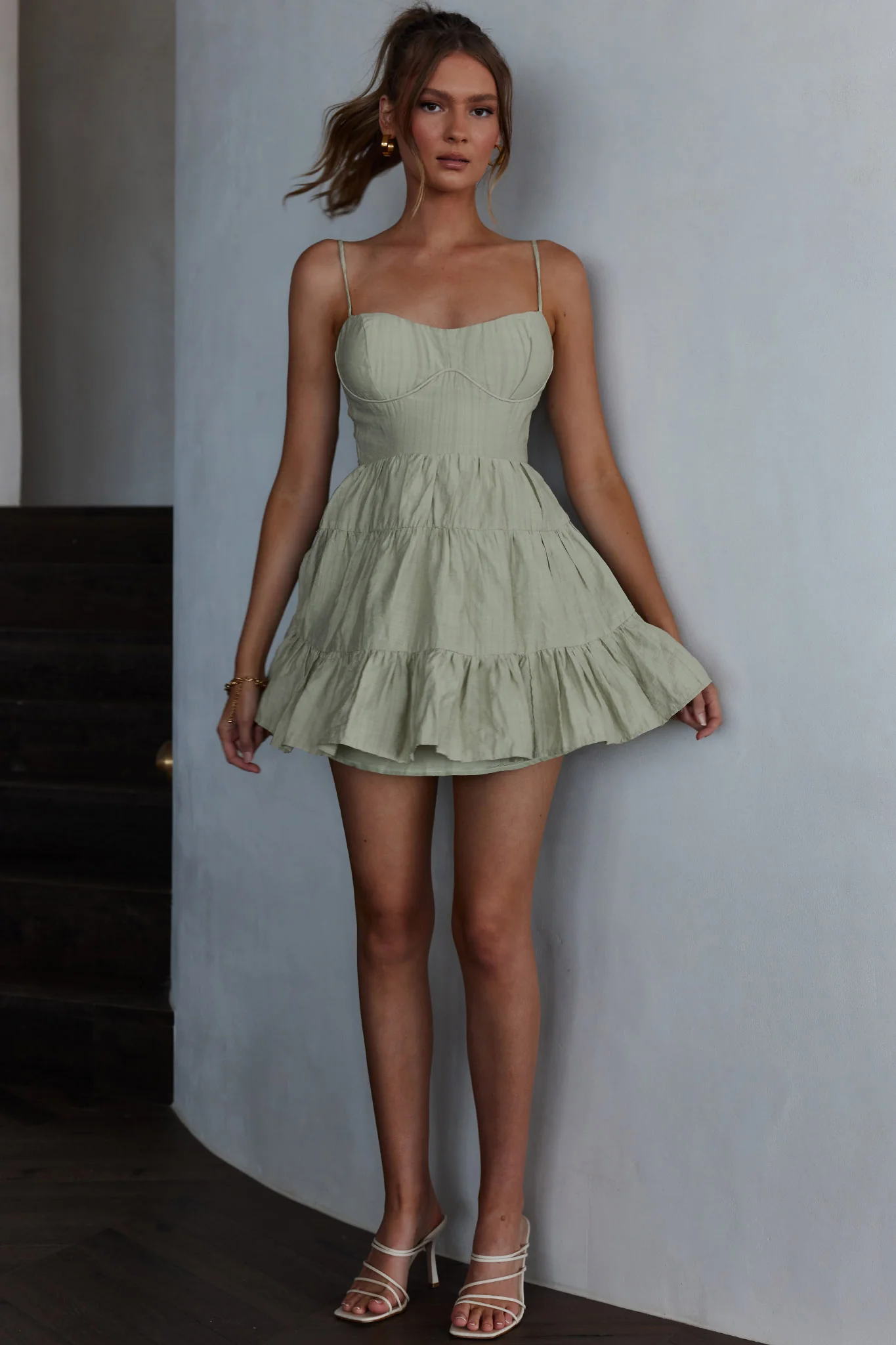 Galilea Tied Back Mini Dress Sage - Image 5
