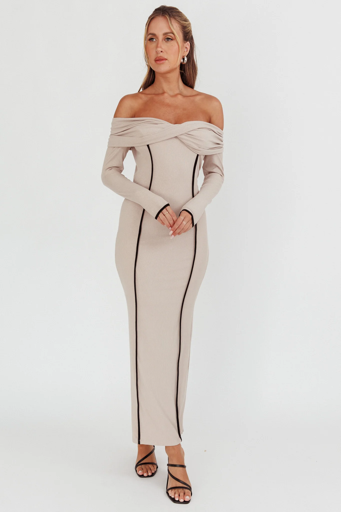 Genesis Off-Shoulder Long Sleeve Maxi Dress Pebble - Image 3