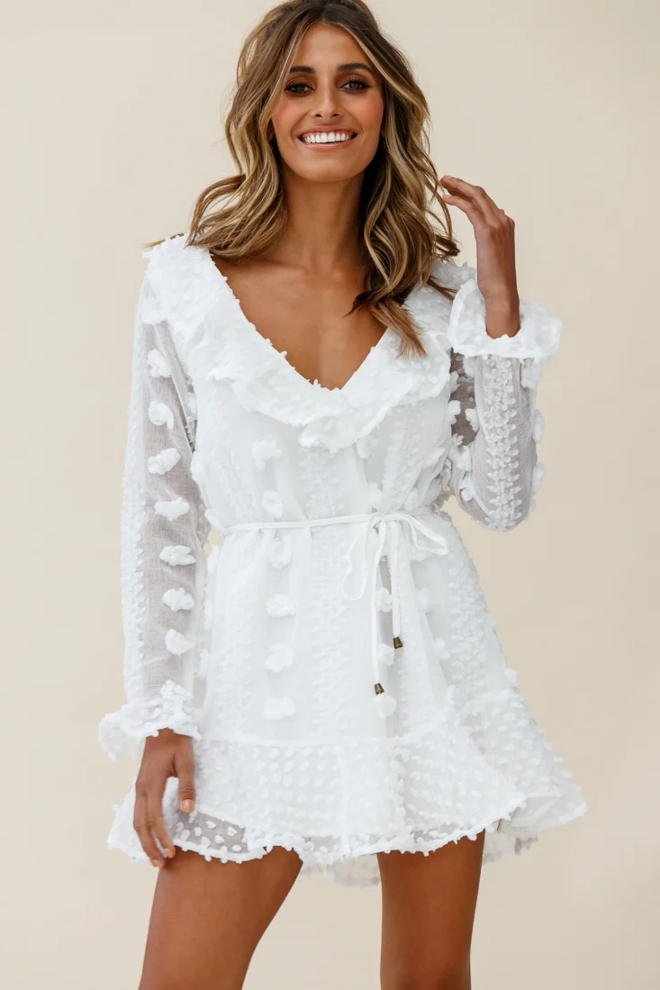 Georgie Long Sleeve Frill Neckline Embellished Chiffon Dress White - Image 3