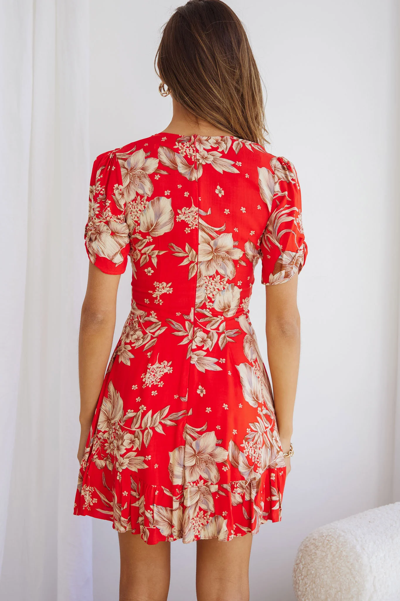 Georgina Ruched Sleeve Tea Dress Floral Bouquet Red - Image 4
