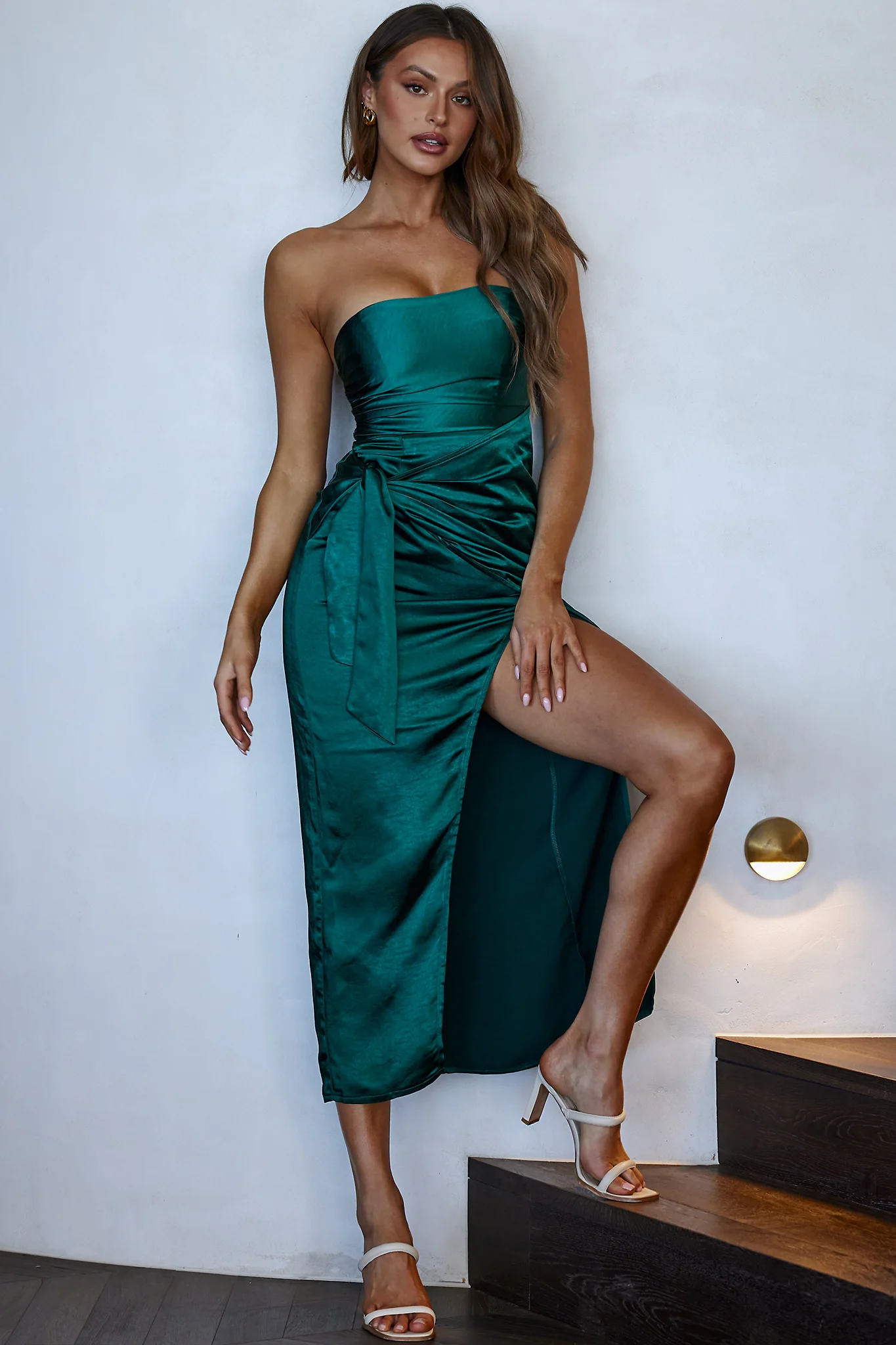 Gianna Strapless Waist Tie Midi Dress Forest Green - Image 4