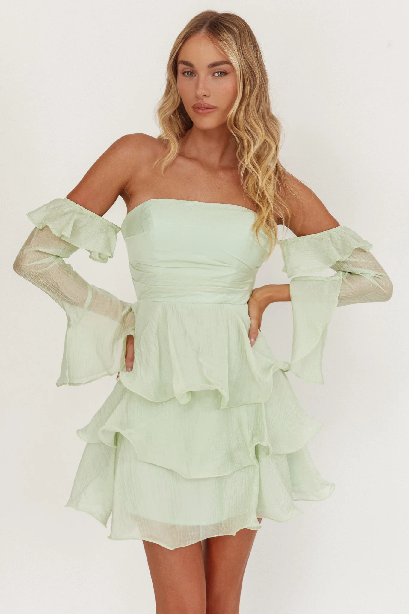Giavana Off-Shoulder Layered Mini Dress Sage - Image 3