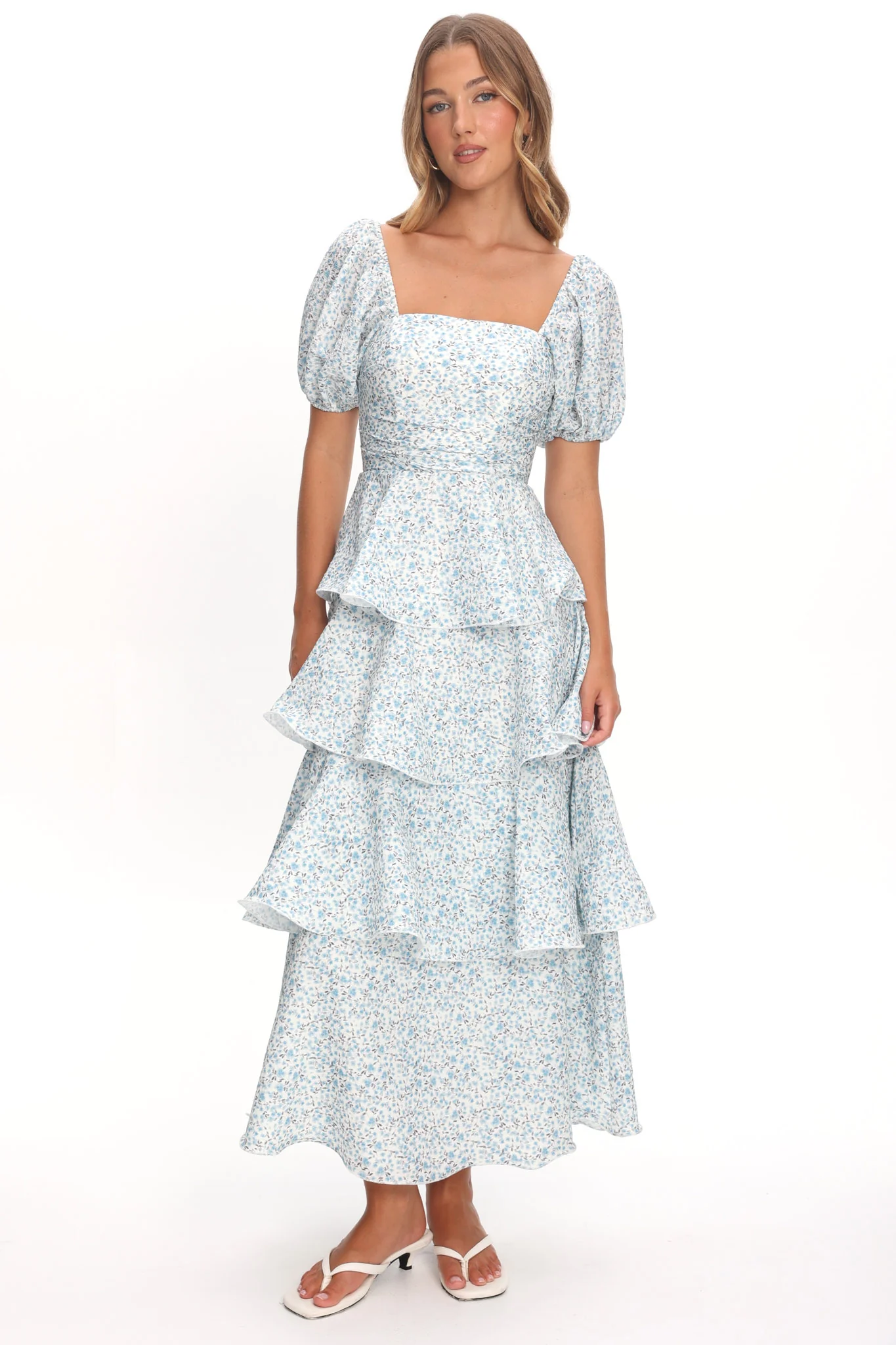 Giavana Puff Sleeve Layered Maxi Dress Floral Blue - Image 2