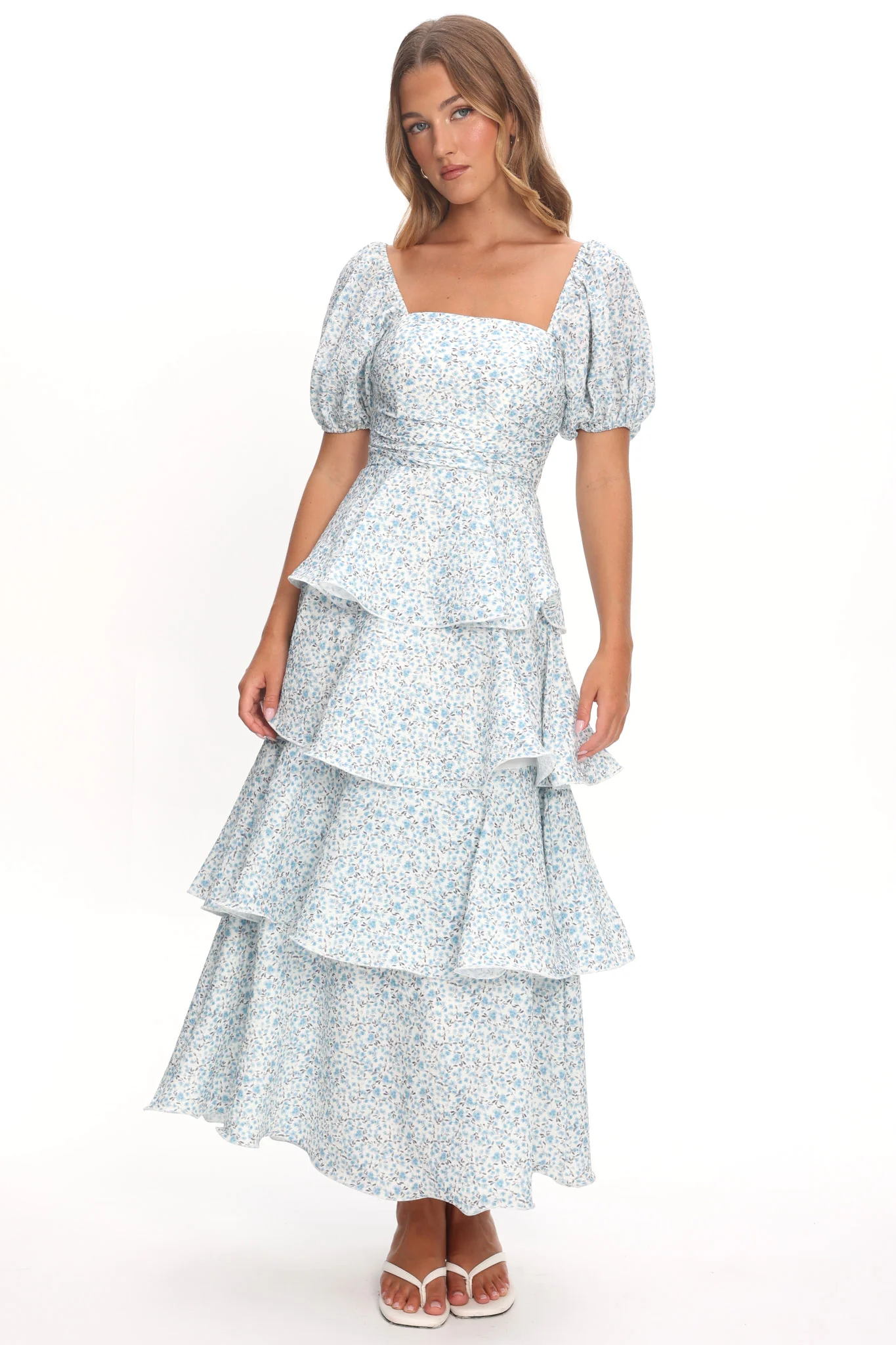 Giavana Puff Sleeve Layered Maxi Dress Floral Blue - Image 5