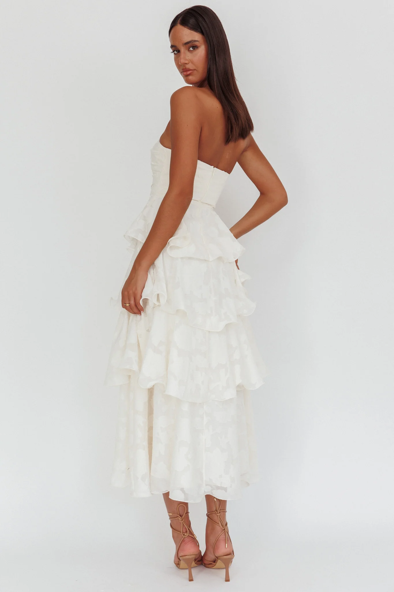 Giavana Strapless Layered Midi Dress Floral Embossed Cream - Image 2