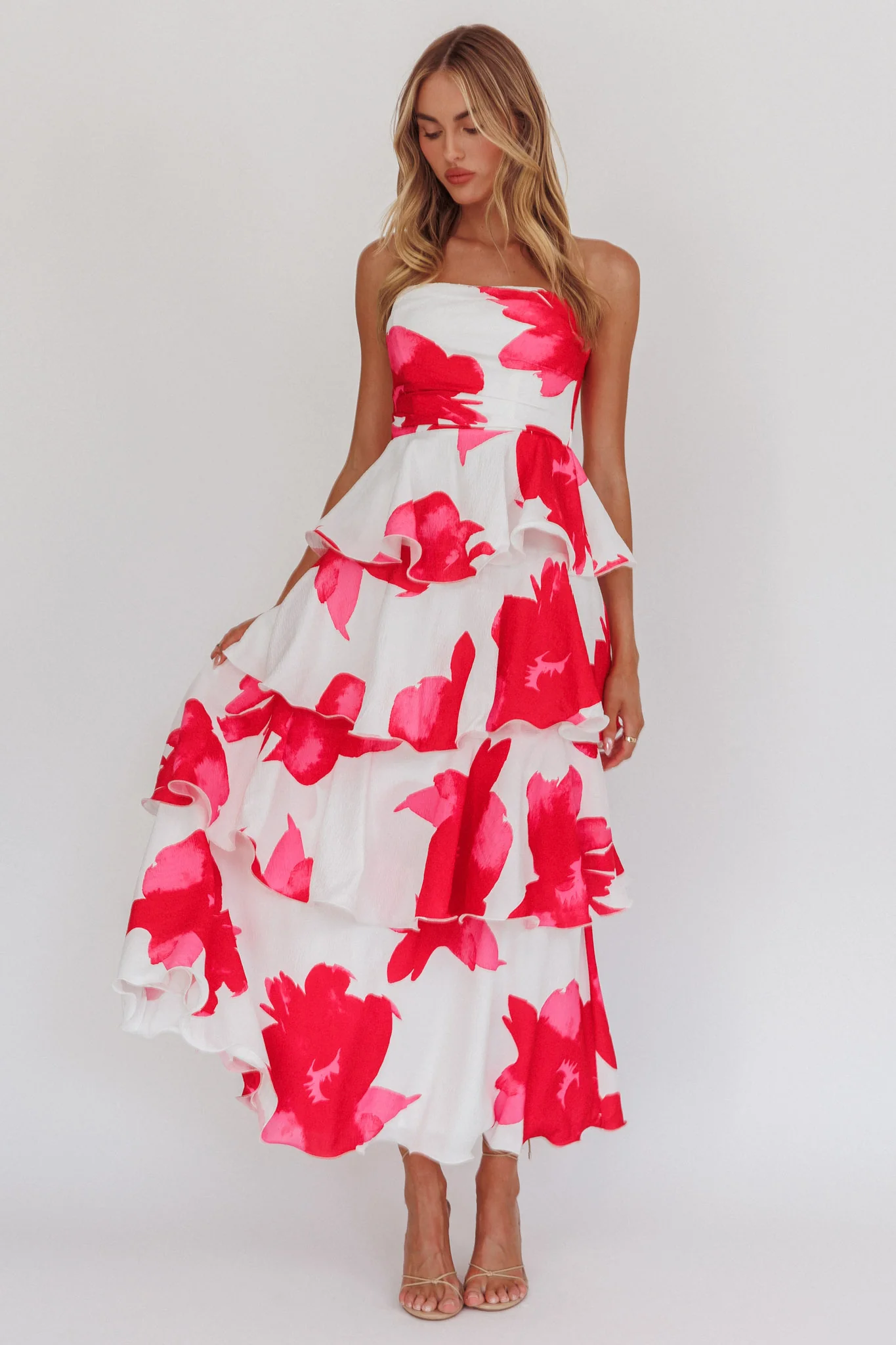 Giavana Strapless Layered Midi Dress Floral Red - Image 4