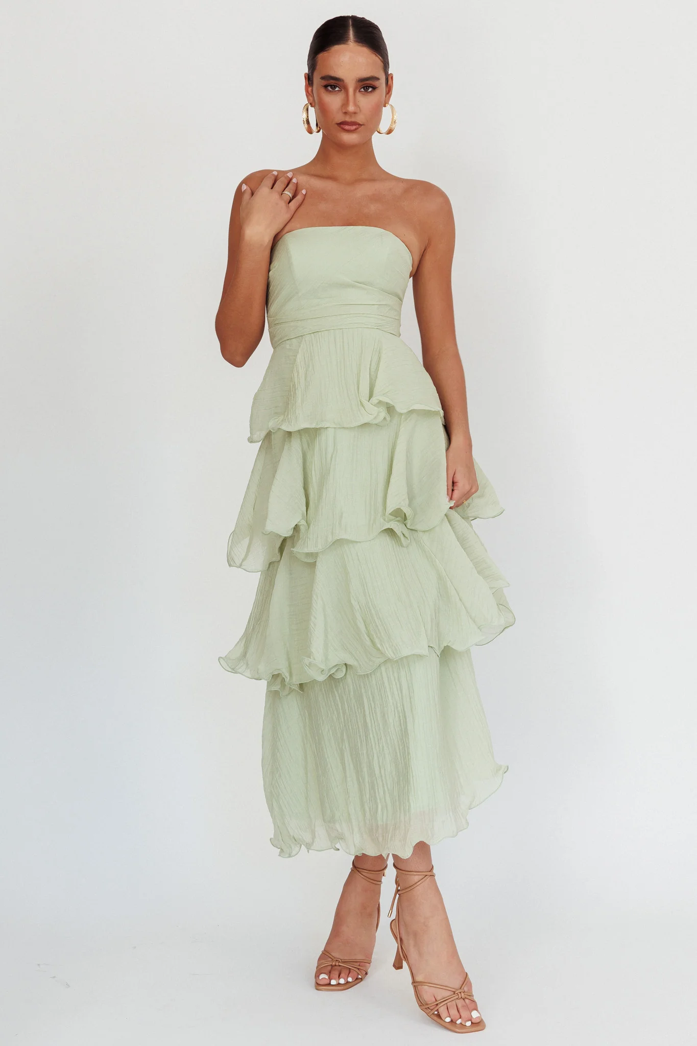 Giavana Strapless Layered Midi Dress Sage - Image 3