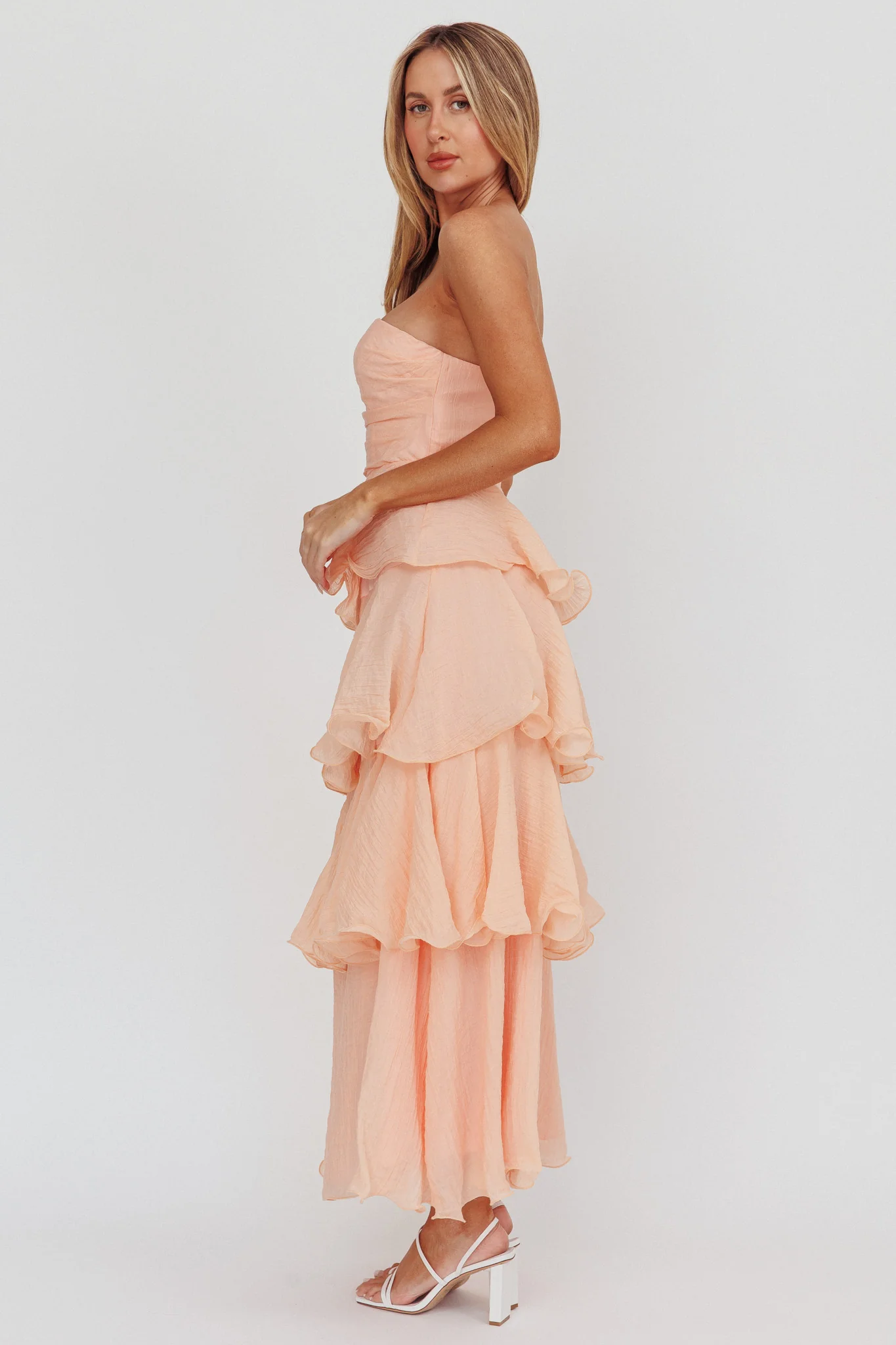 Giavana Strapless Layered Ruffles Midi Dress Blush - Image 3
