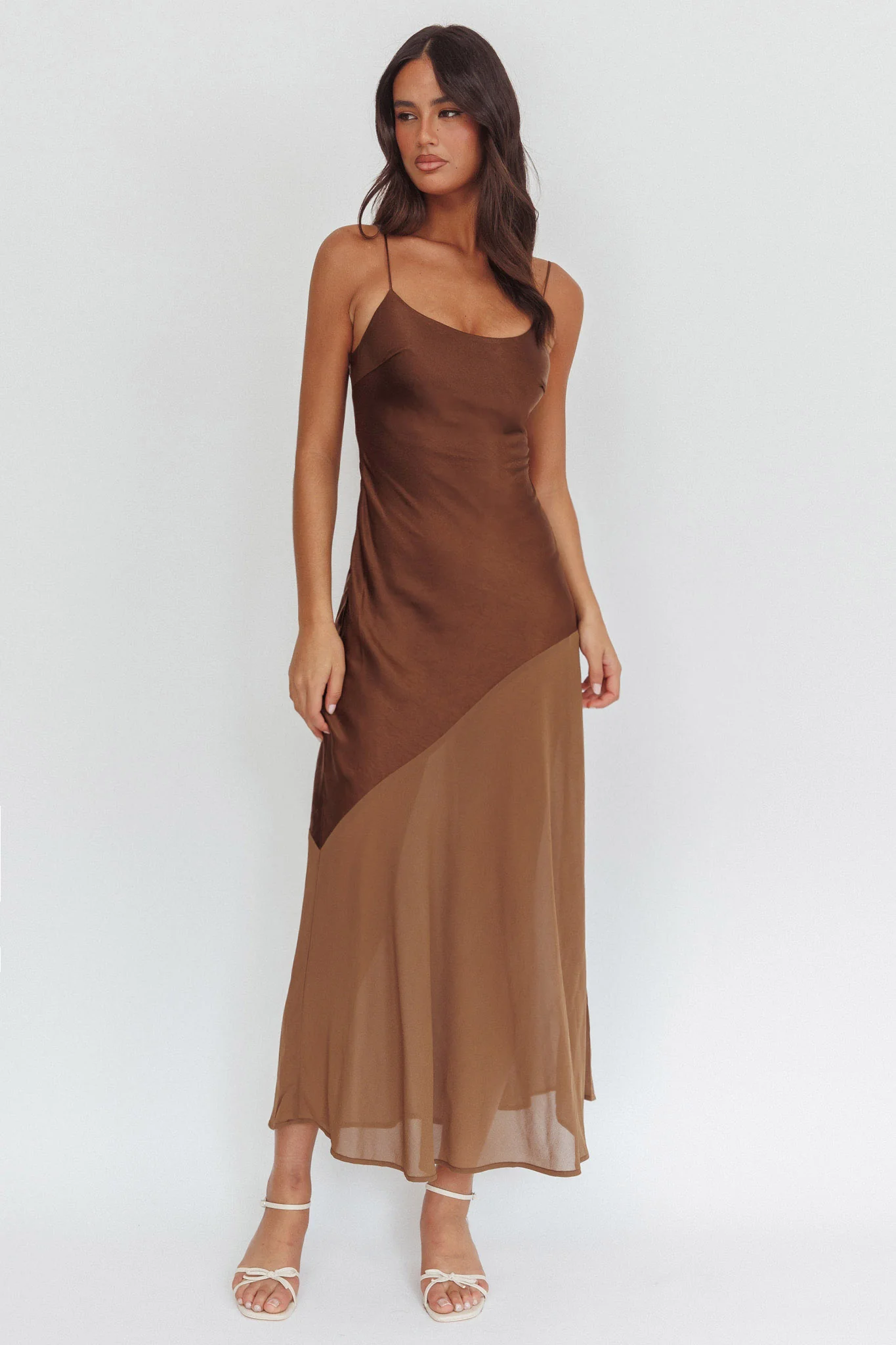 Gilded Dream Chiffon Hem Maxi Dress Chocolate - Image 4