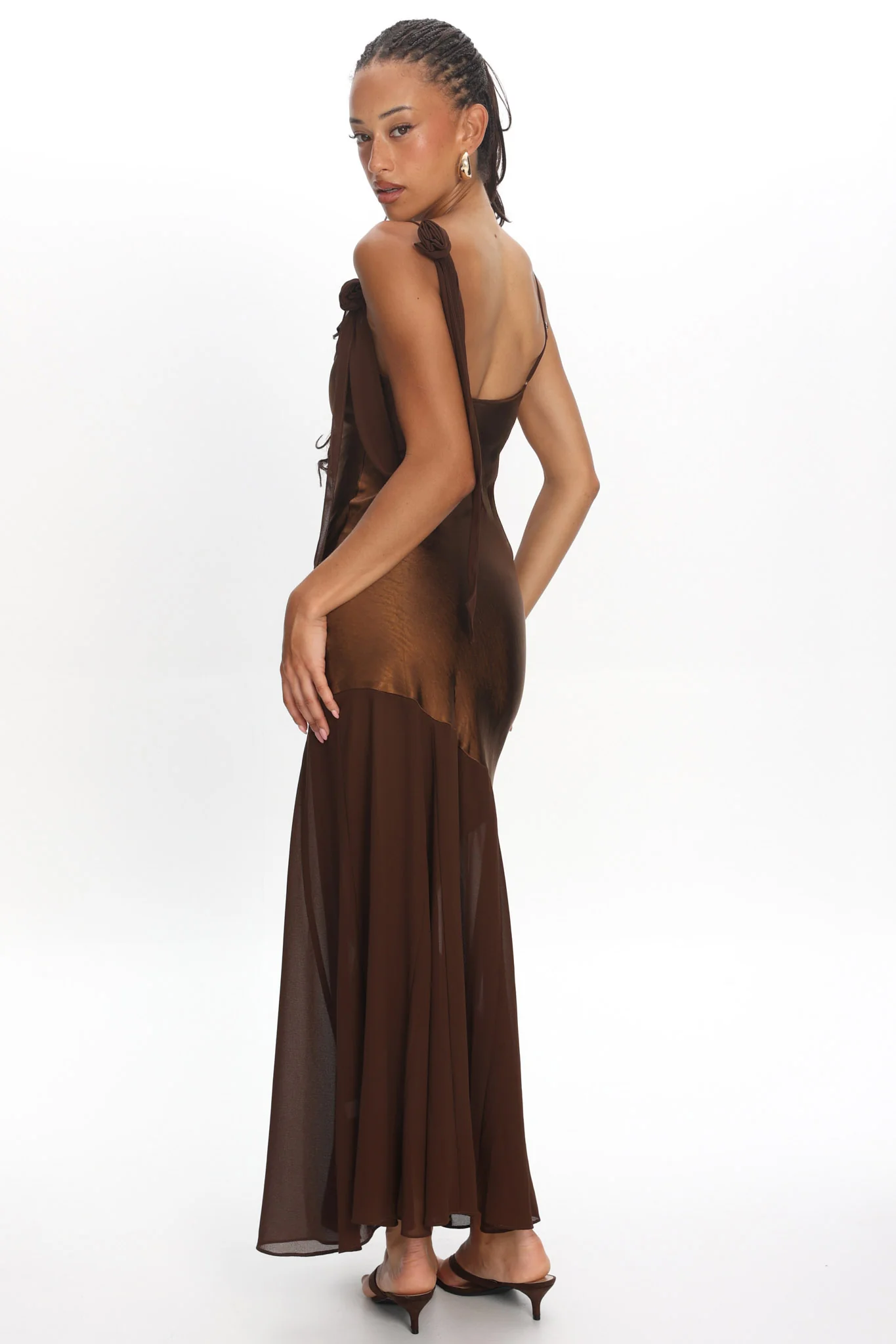 Gilded Dream Shoulder Detail Chiffon Hem Maxi Dress Chocolate - Image 3