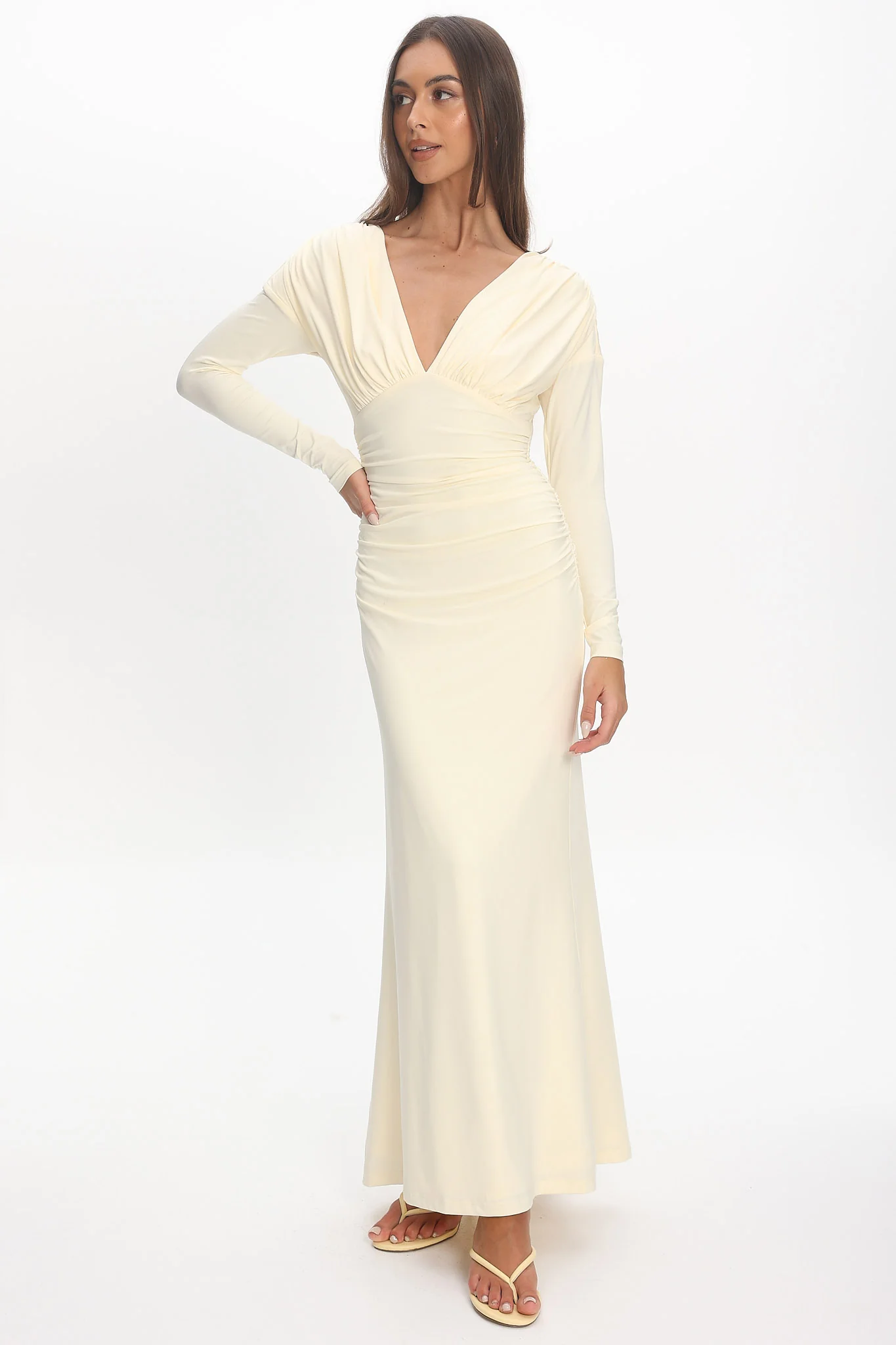 Gilded Long Sleeve Ruched Maxi Dress Butter - Image 2