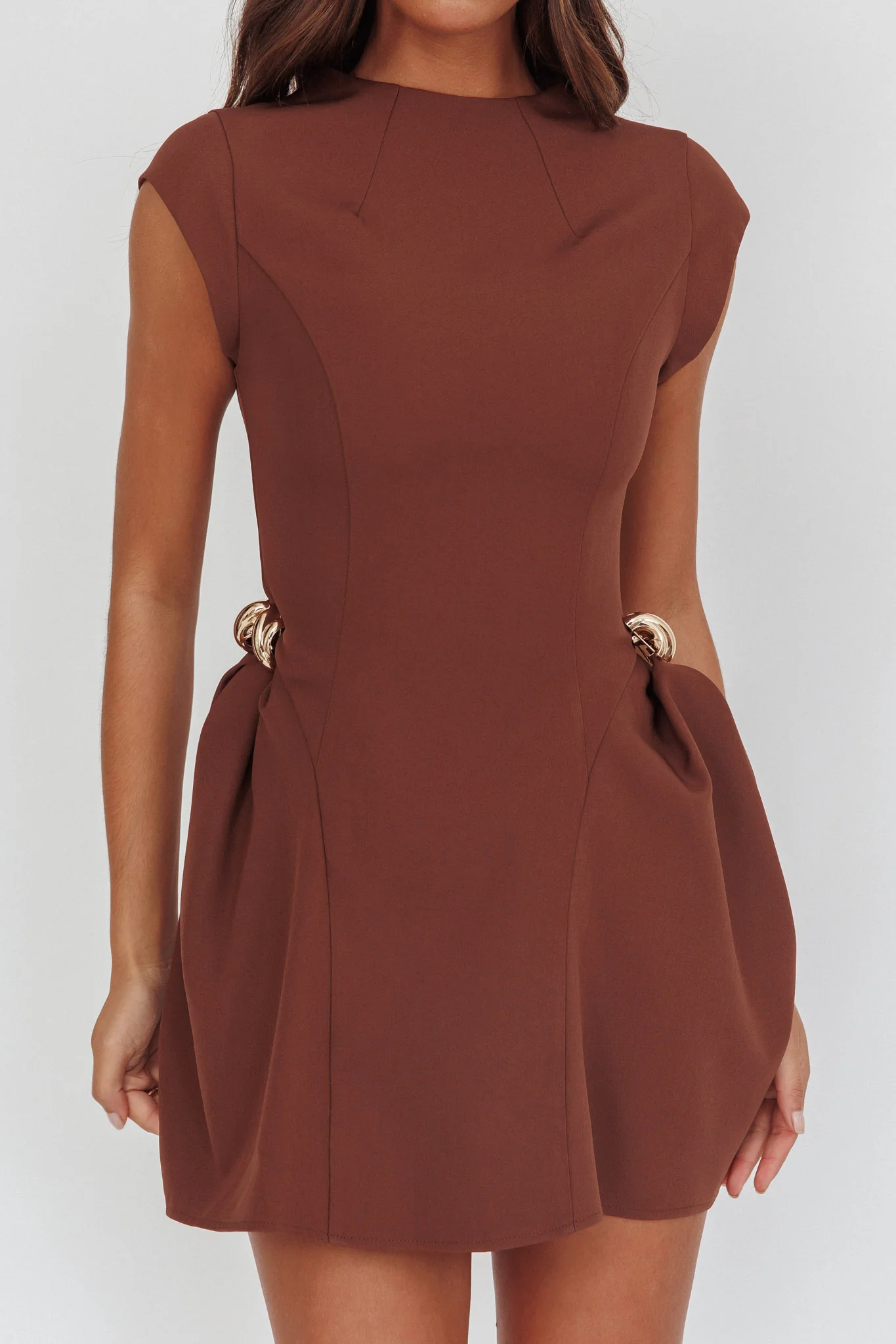 Girl Talks Cap Sleeve Puff Skirt Mini Dress Chocolate - Image 3