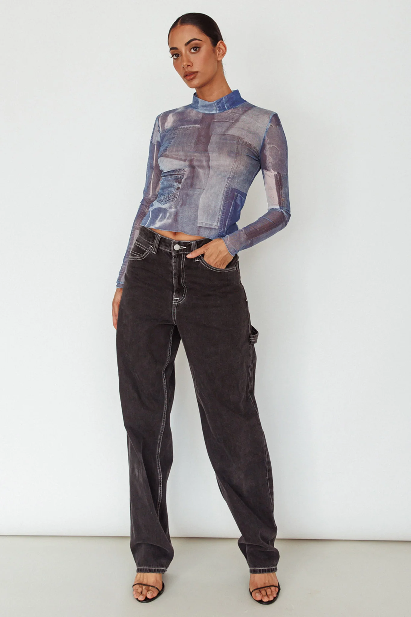 Giza Long Sleeve Mock Neck Top Print Denim Multi - Image 3