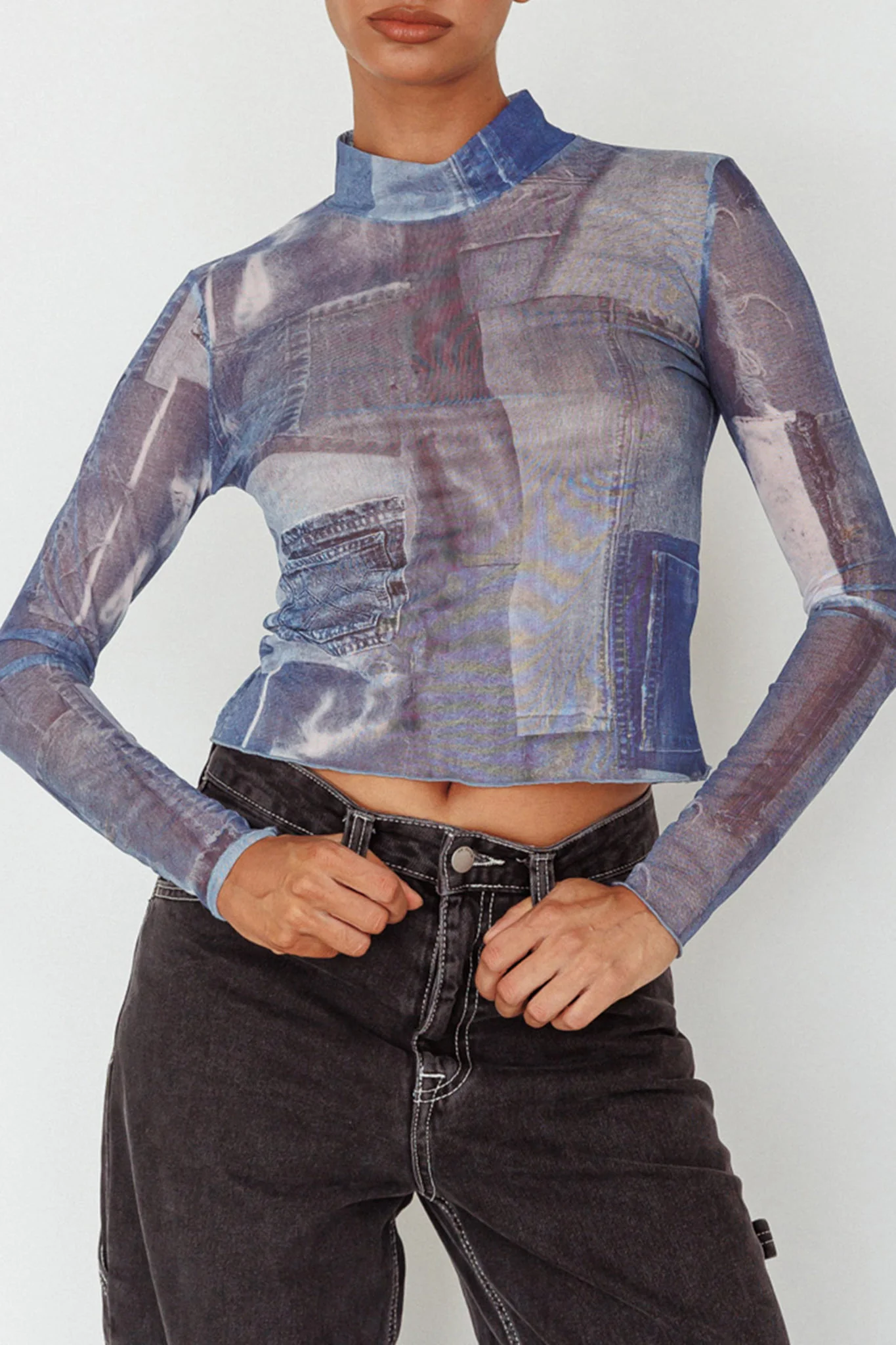 Giza Long Sleeve Mock Neck Top Print Denim Multi - Image 4