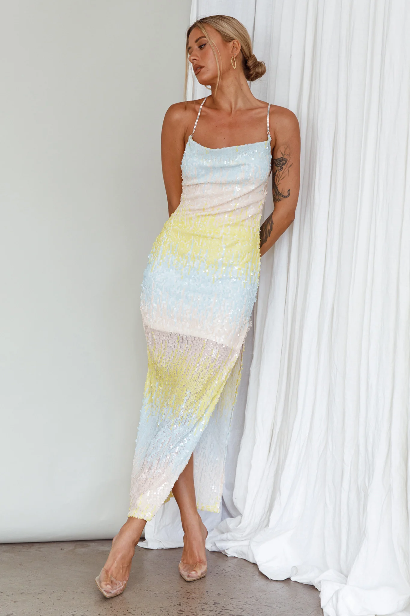 Gleaming Diamante Strap Midi Dress Sequin Lemon - Image 4