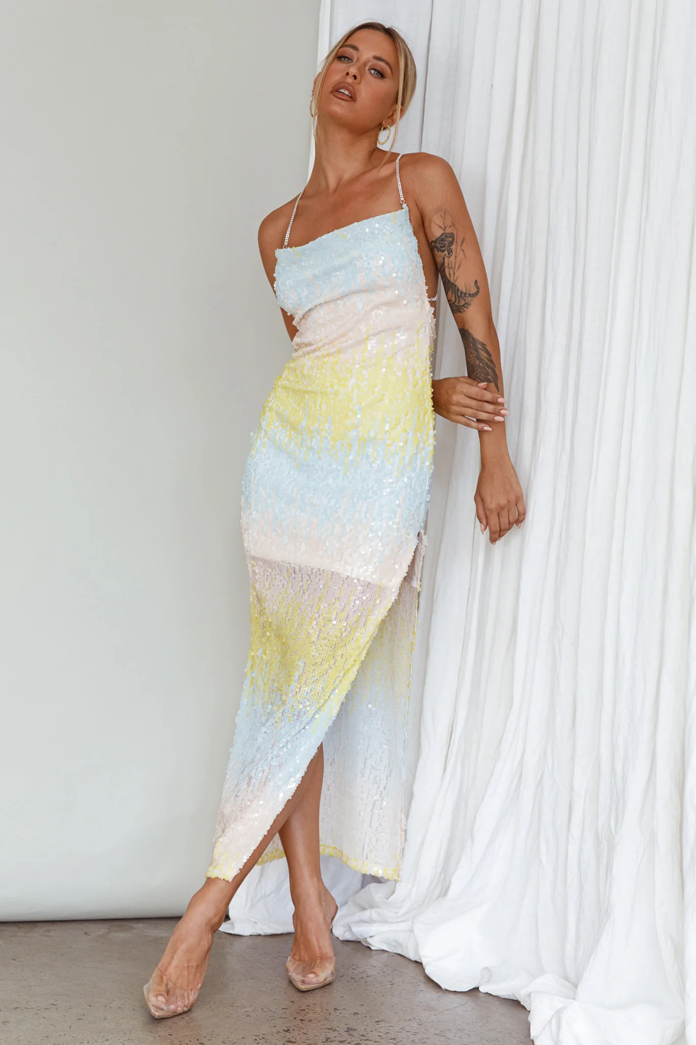 Gleaming Diamante Strap Midi Dress Sequin Lemon - Image 5