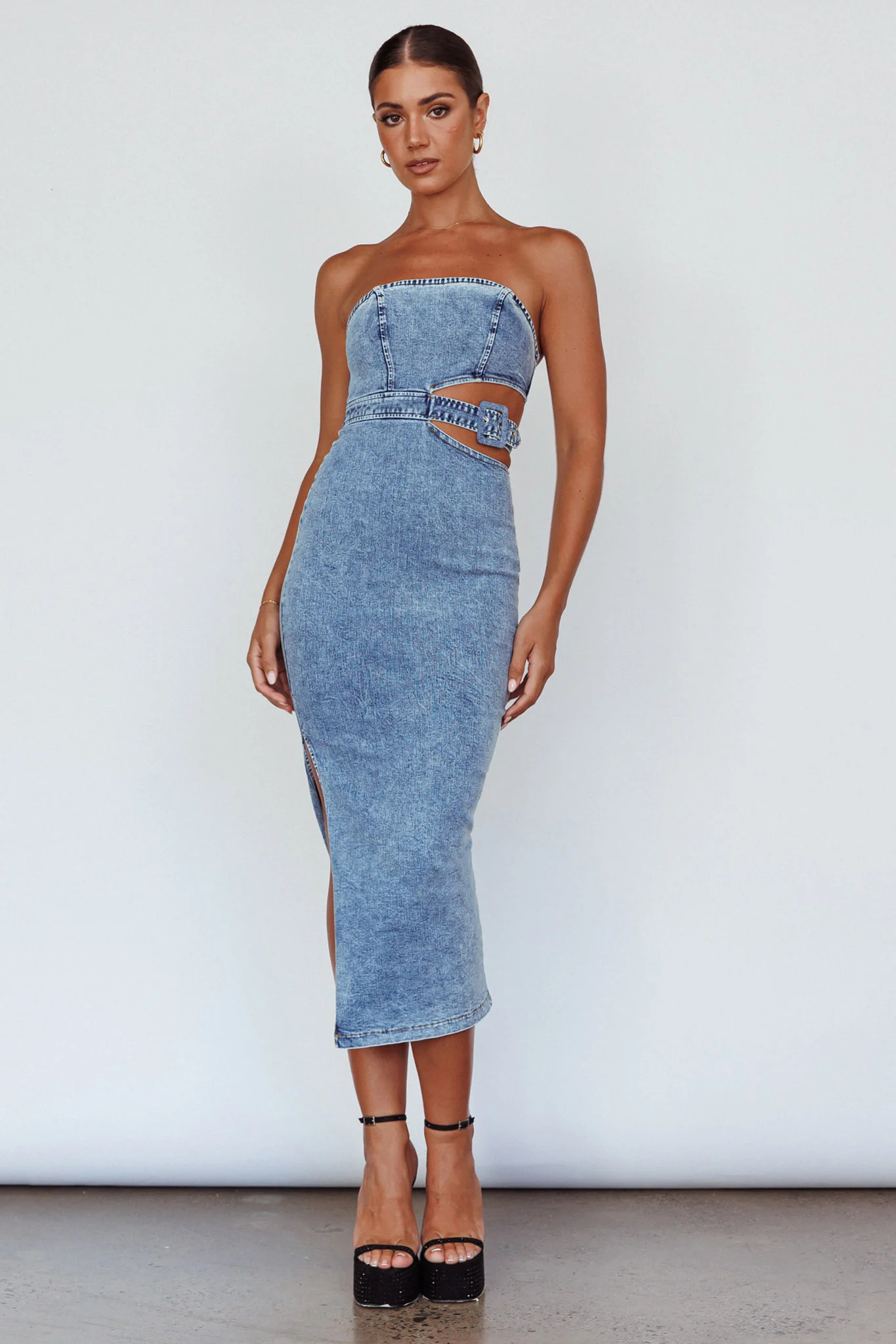 Glisten Cut-Out Buckle Waist Midi Dress Denim Blue - Image 5