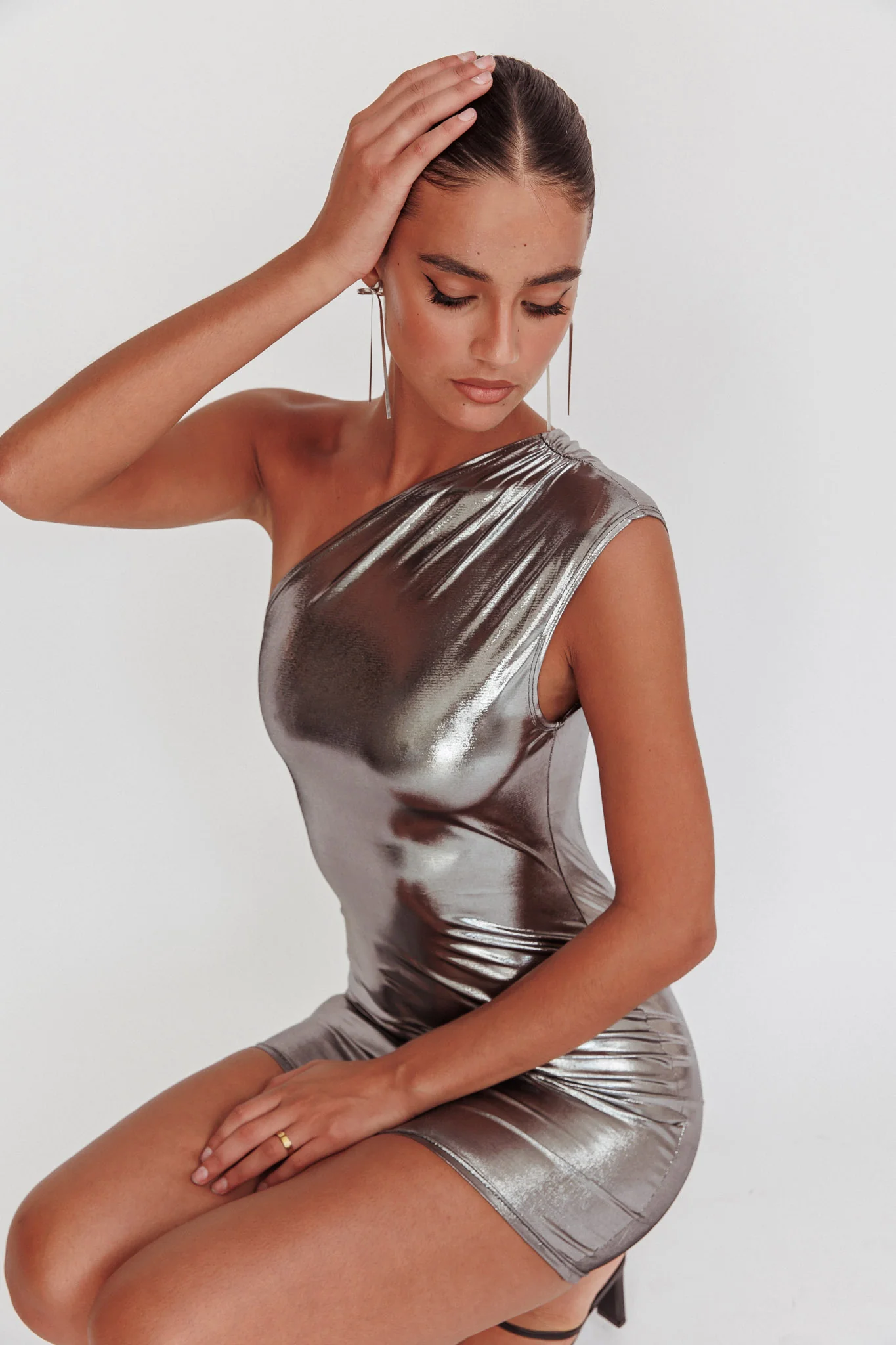 Glitter One-Shoulder Mini Dress Silver - Image 2