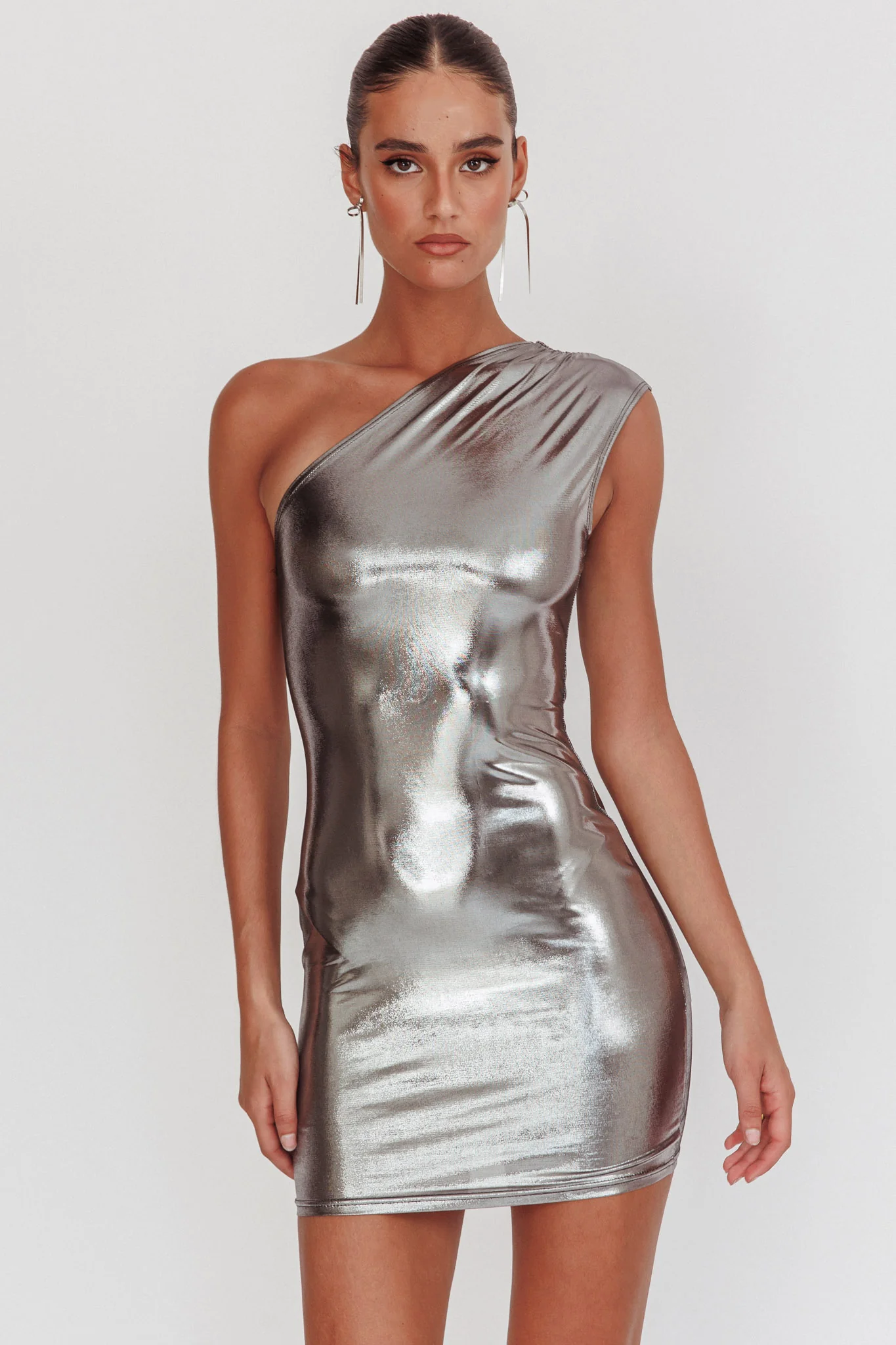 Glitter One-Shoulder Mini Dress Silver - Image 6